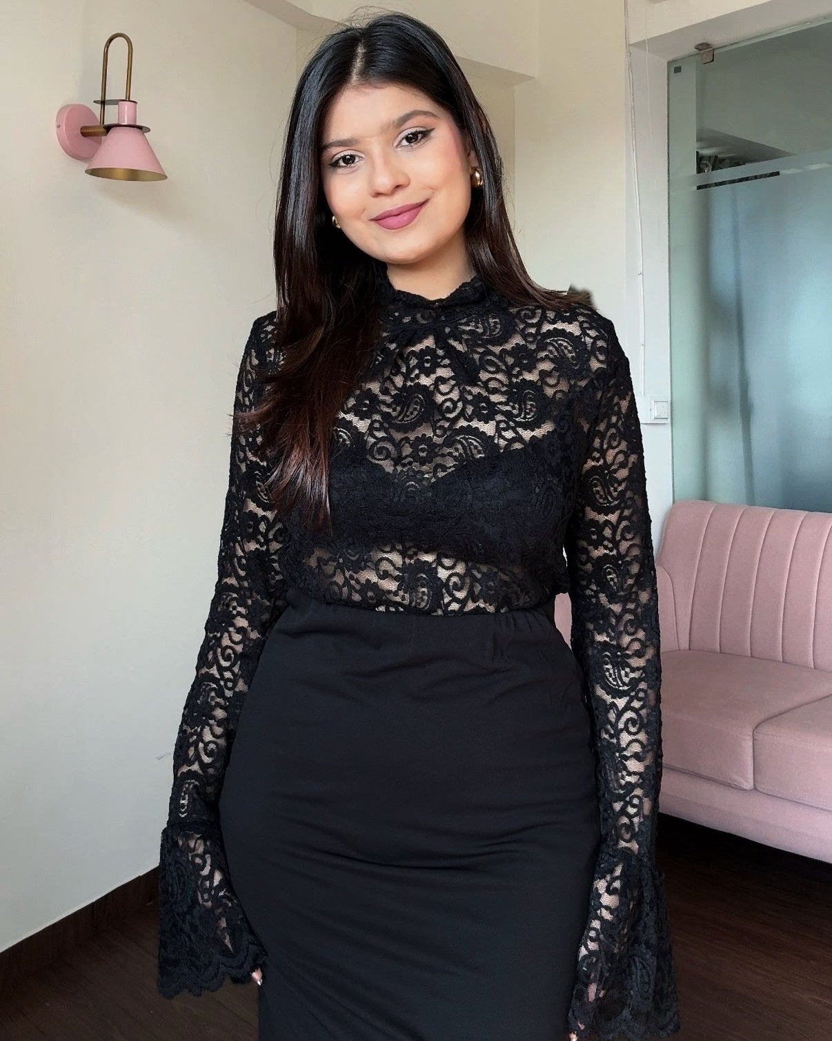 High-Neck Sheer Lacy Bell Sleeve Top