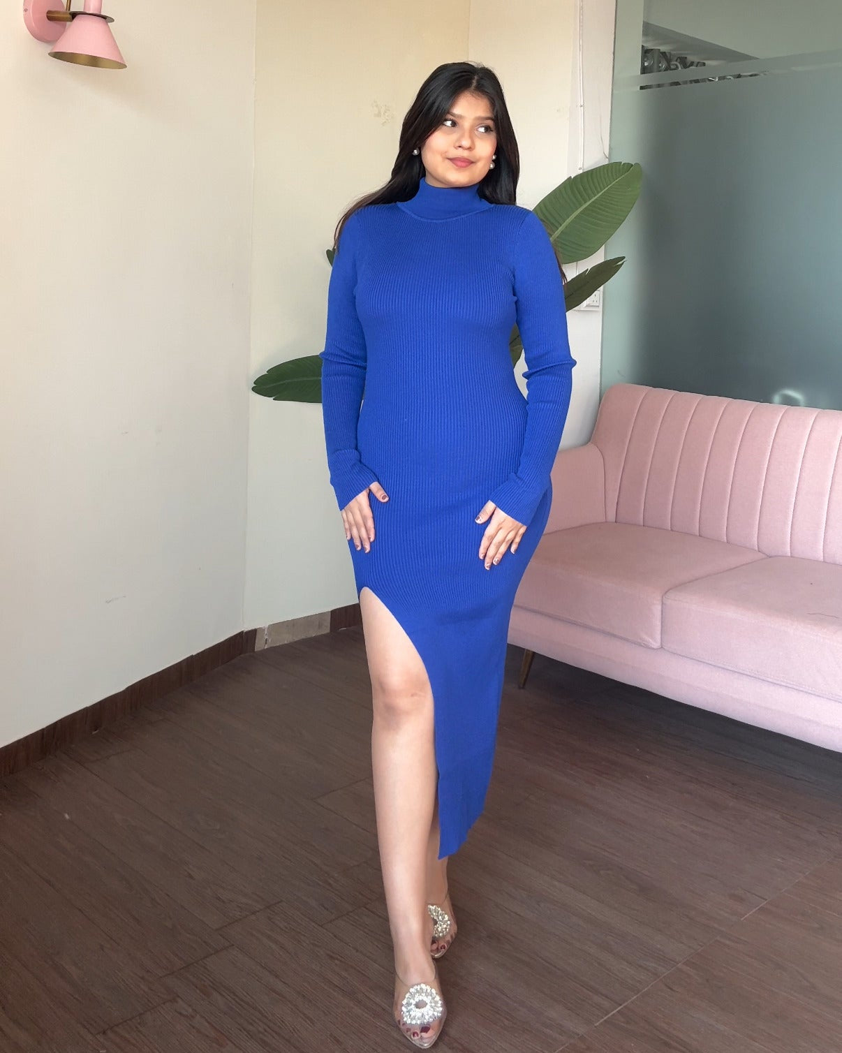 High Neck Bodycon Dress With Slit