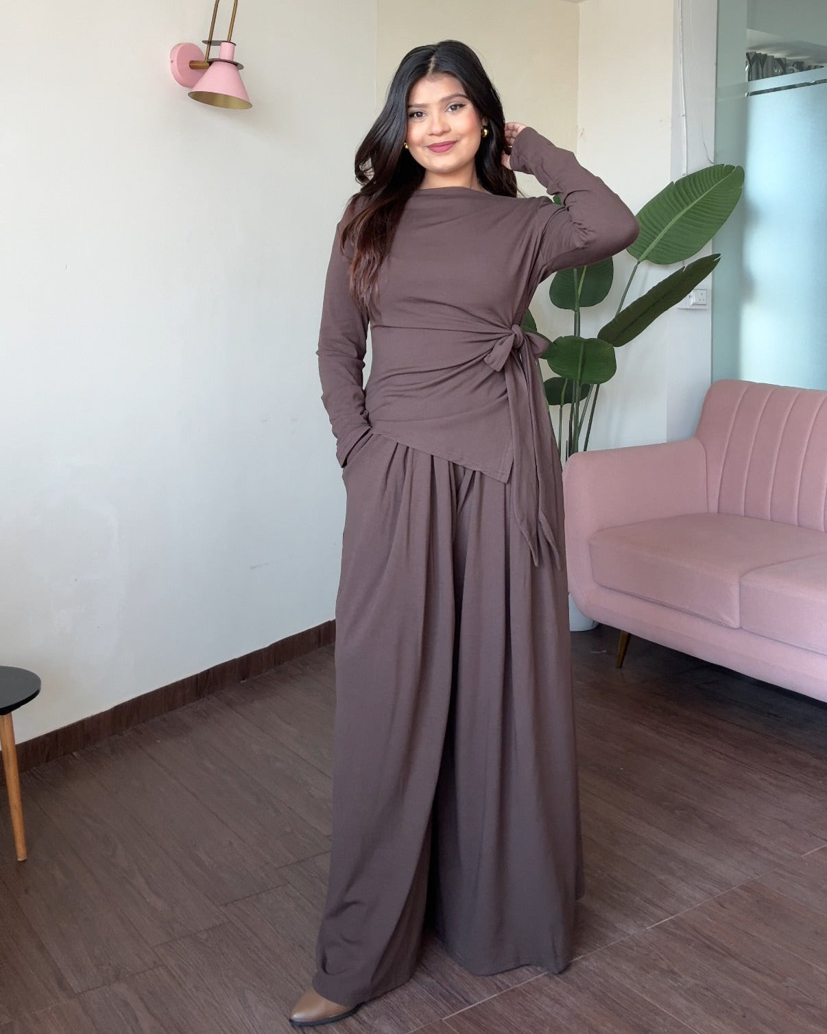 High Neck Knot Detailing And Pleated Pants Co-ord Set