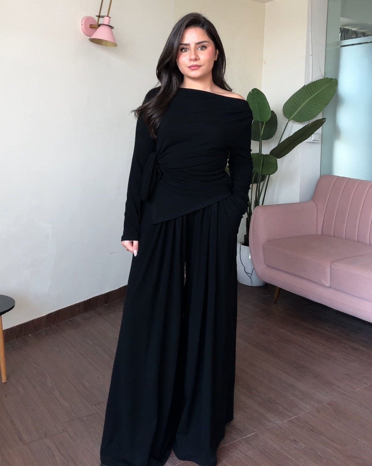 High Neck Knot Detailing And Pleated Pants Co-ord Set