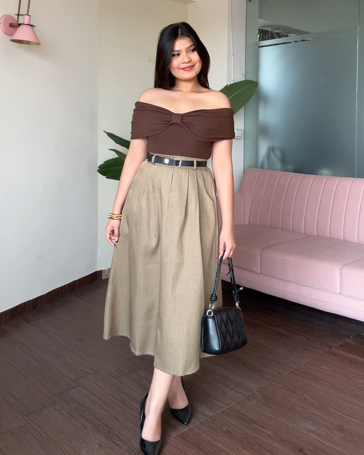 High Waist Flared Midi Skirt With Belt