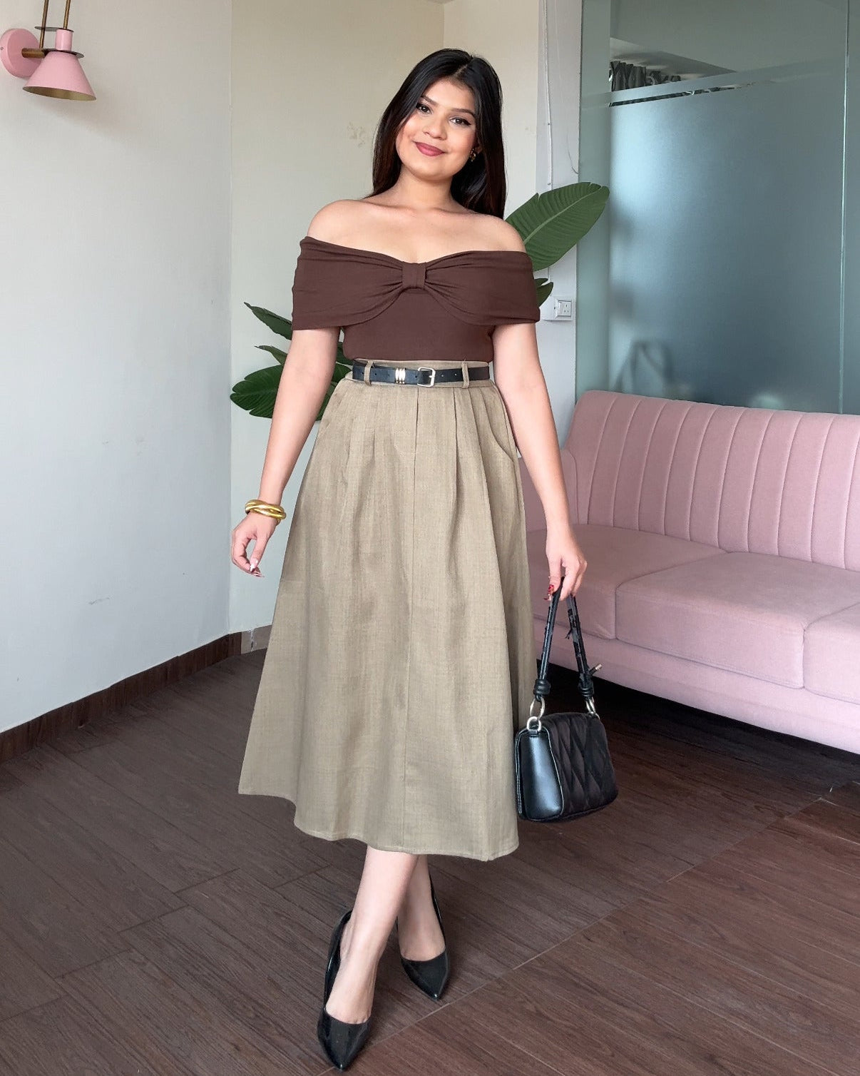 High Waist Flared Midi Skirt With Belt