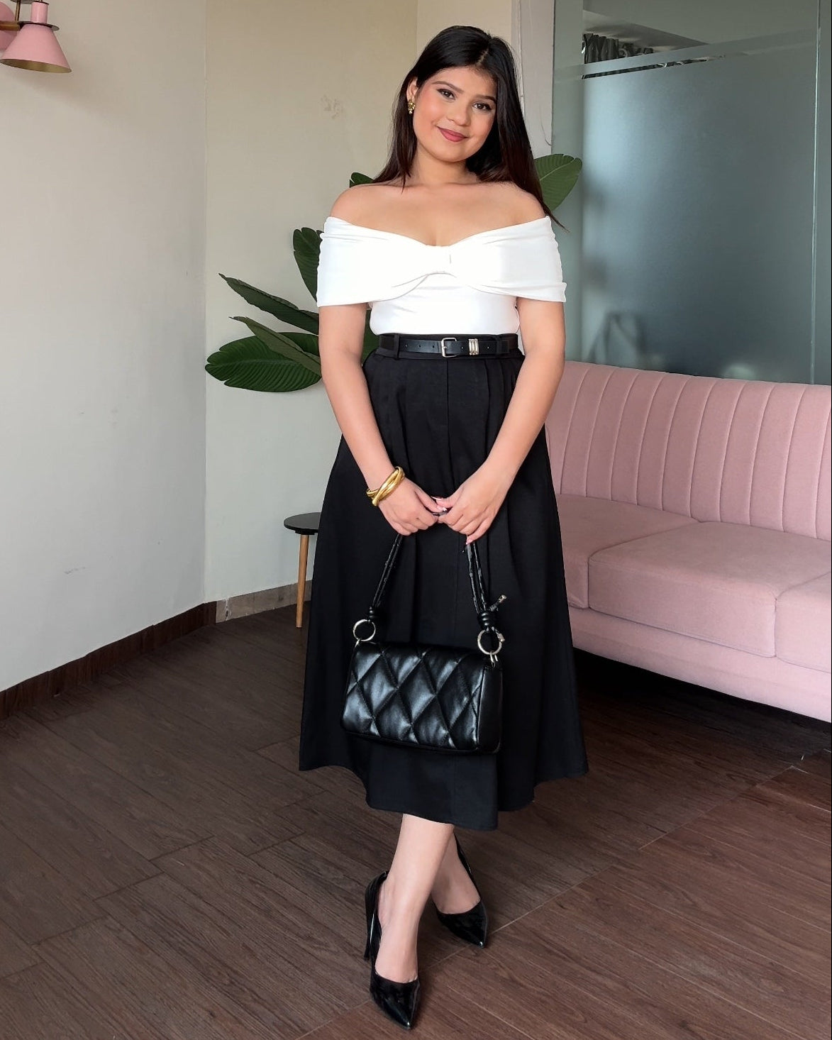 High Waist Flared Midi Skirt With Belt
