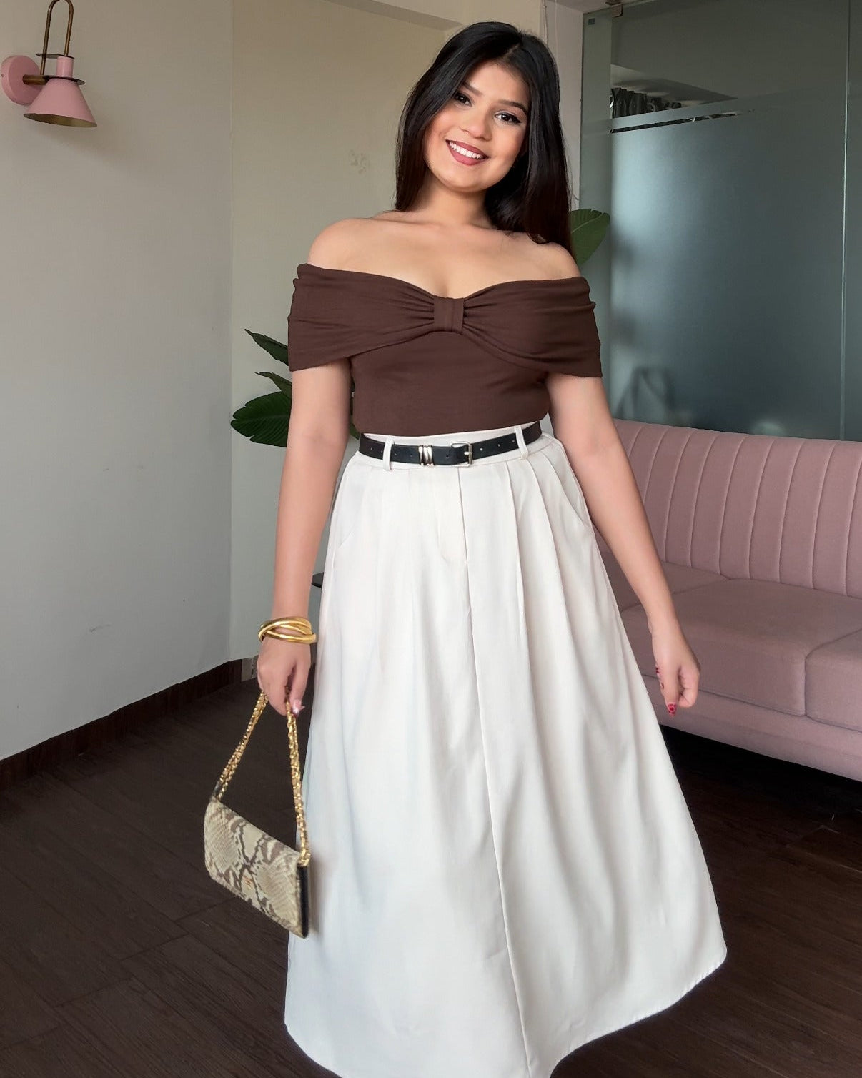 High Waist Flared Midi Skirt With Belt