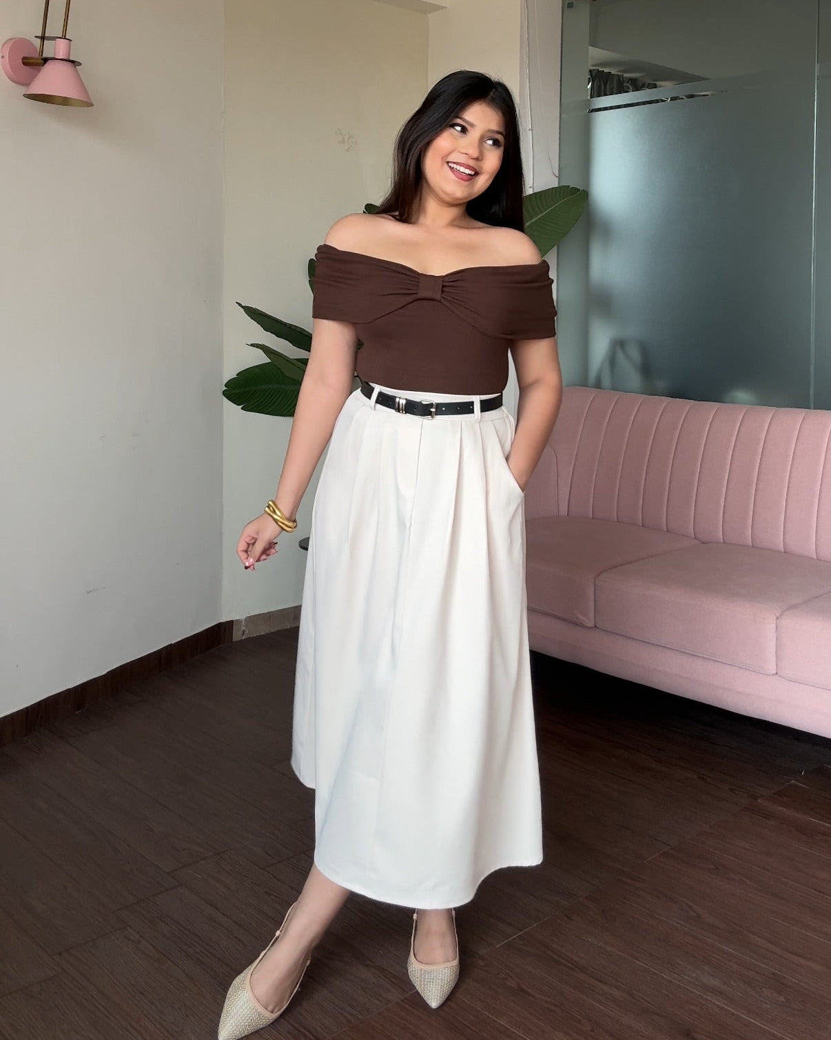 High Waist Flared Midi Skirt With Belt