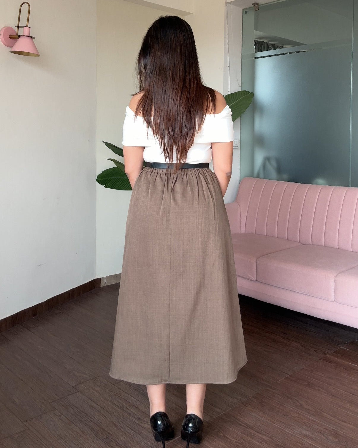 High Waist Flared Midi Skirt With Belt