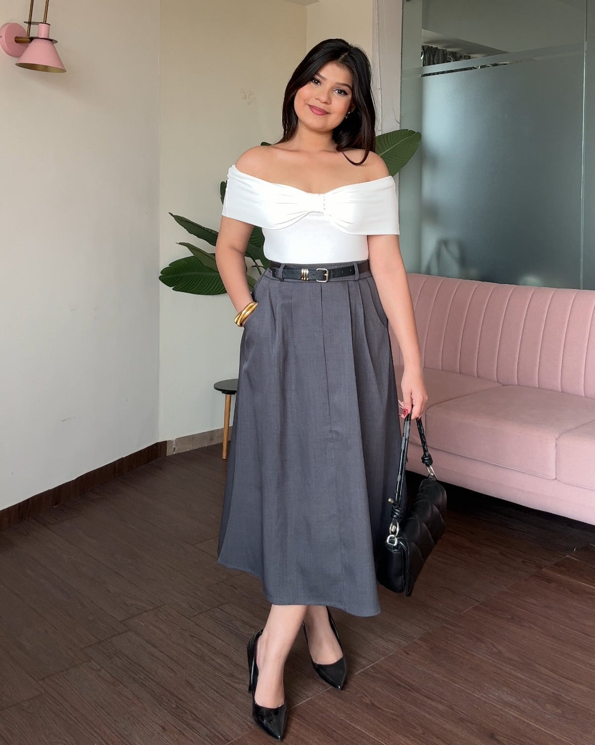 High Waist Flared Midi Skirt With Belt