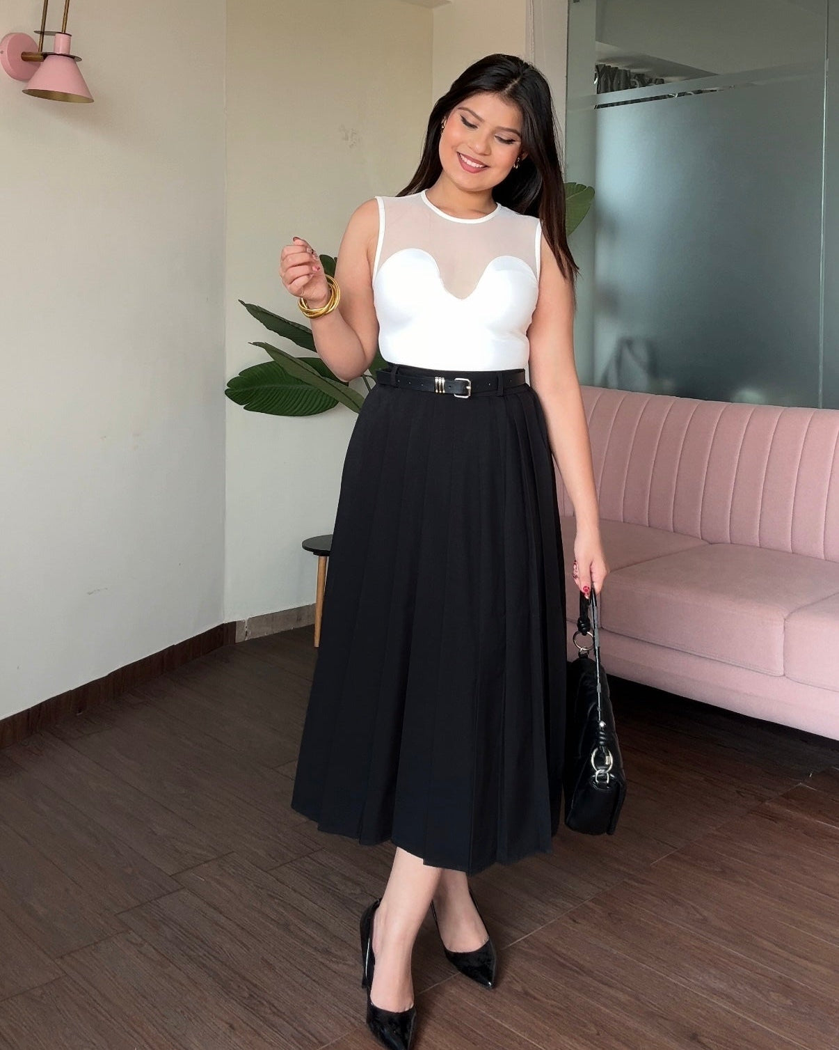 High Waist Pleated Midi Skirt With Belt
