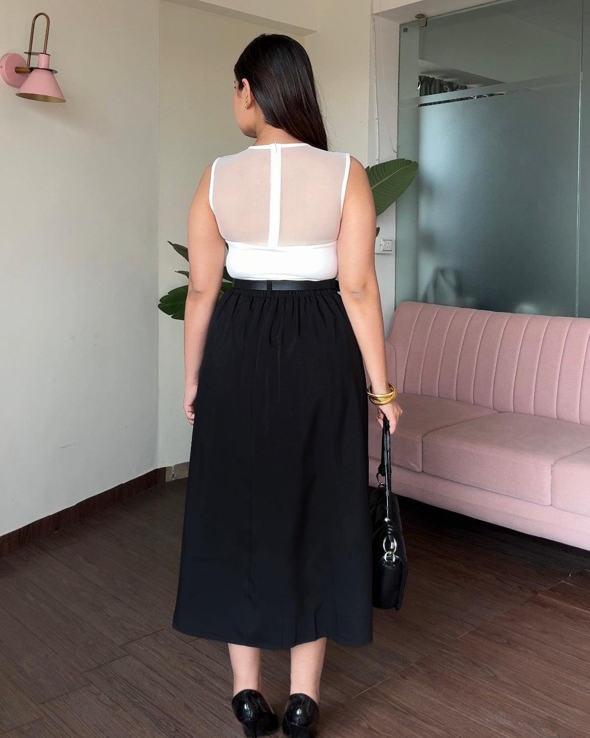 High Waist Pleated Midi Skirt With Belt