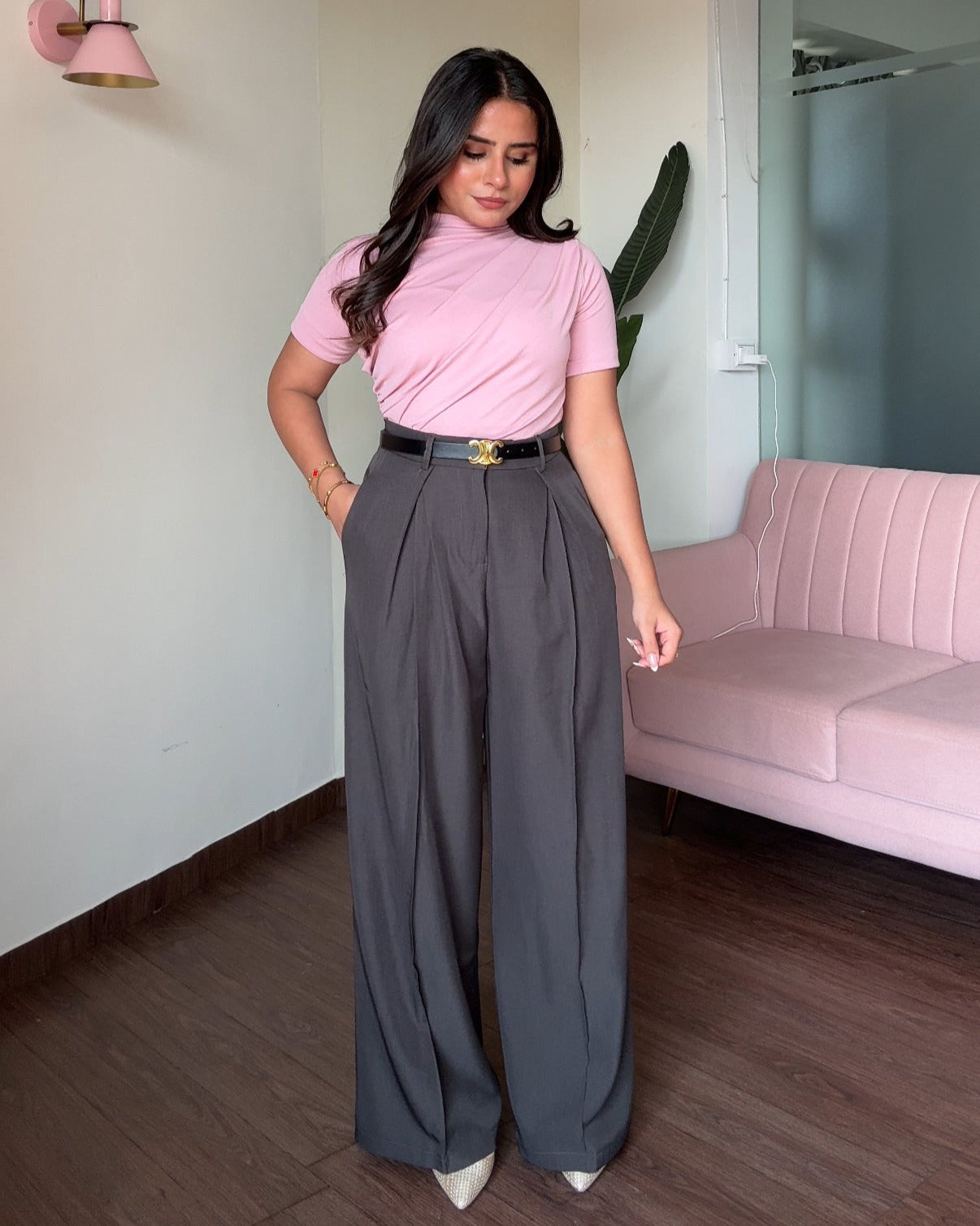 High Waisted Pleated Pants With Belt