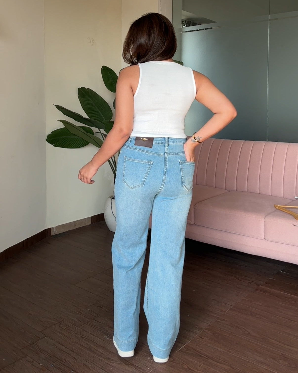 High Waisted Straight Fit Stretchy Denim Jeans