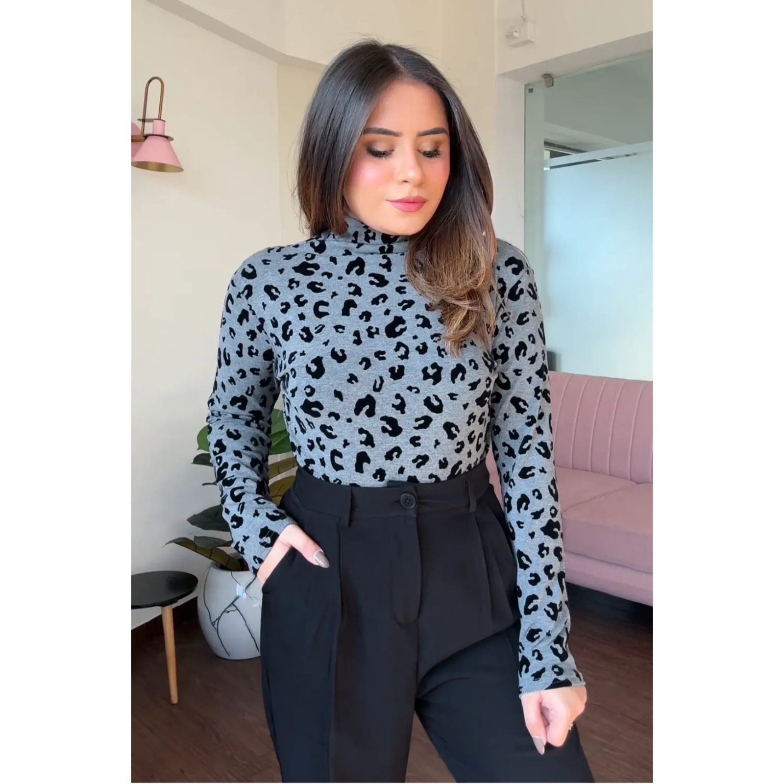 Highneck Animal Print Bodycon Top