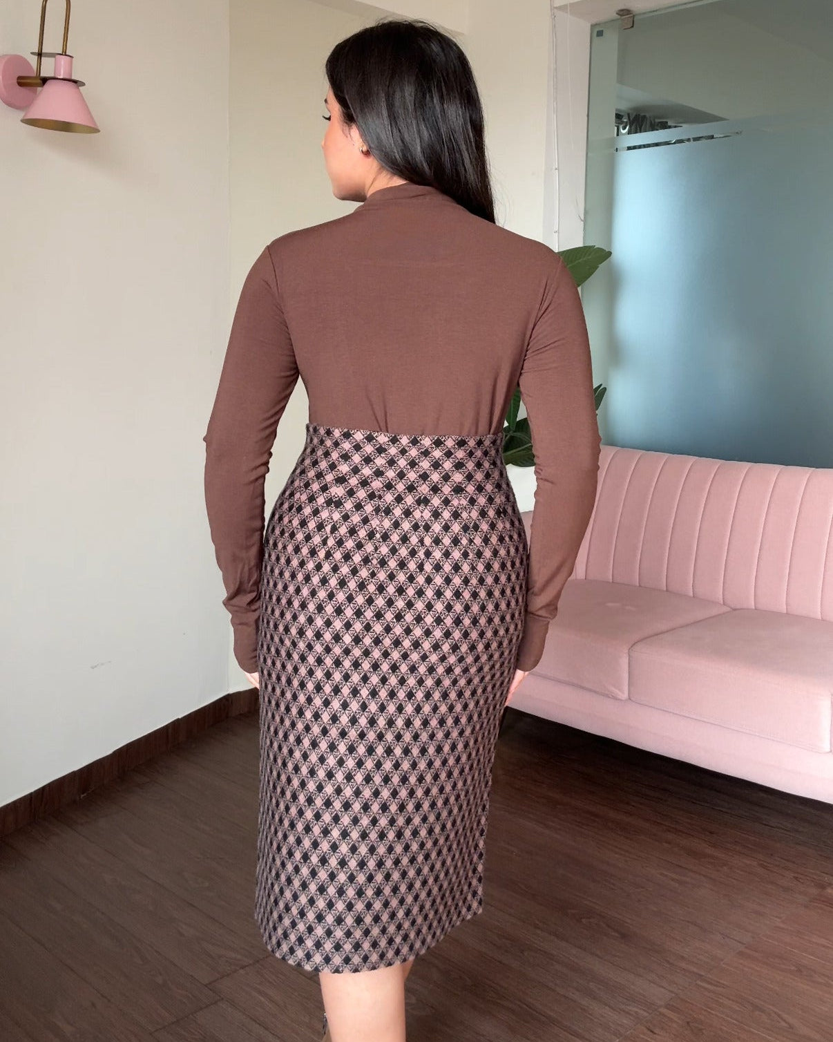 Houndstooth Pearl Button Detailing Midi Skirt