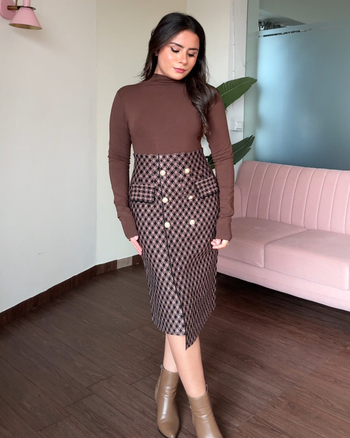 Houndstooth Pearl Button Detailing Midi Skirt