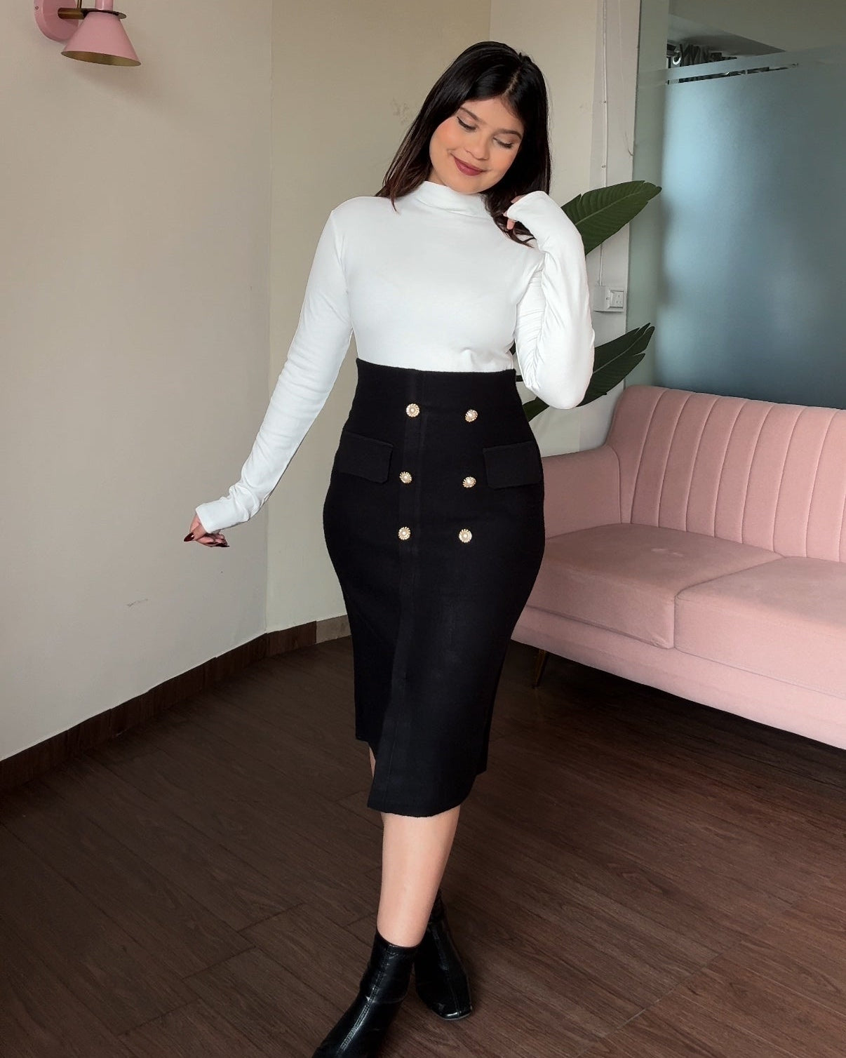 Houndstooth Pearl Button Detailing Midi Skirt