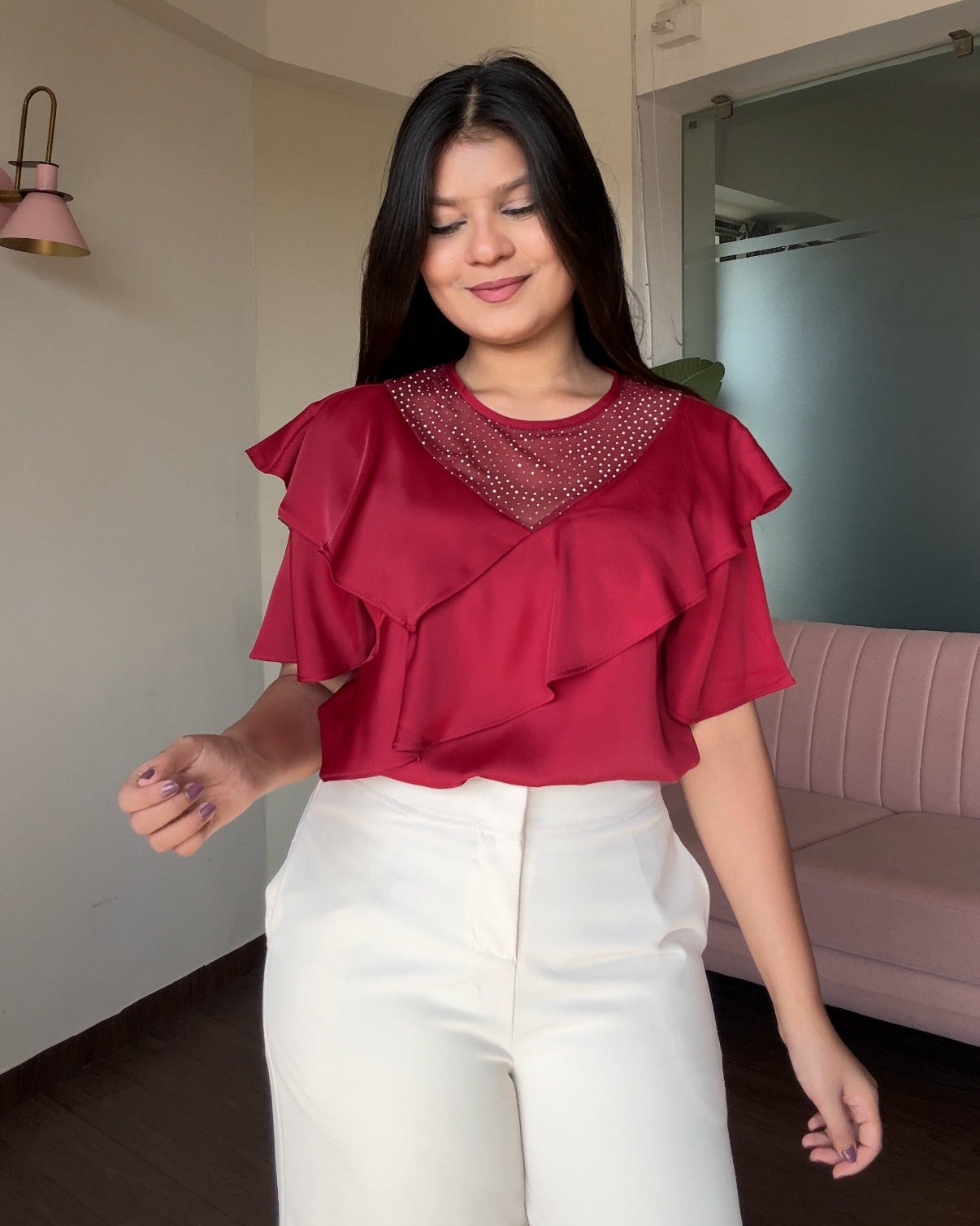 Ruffle Rhinestone Detailing Blouse