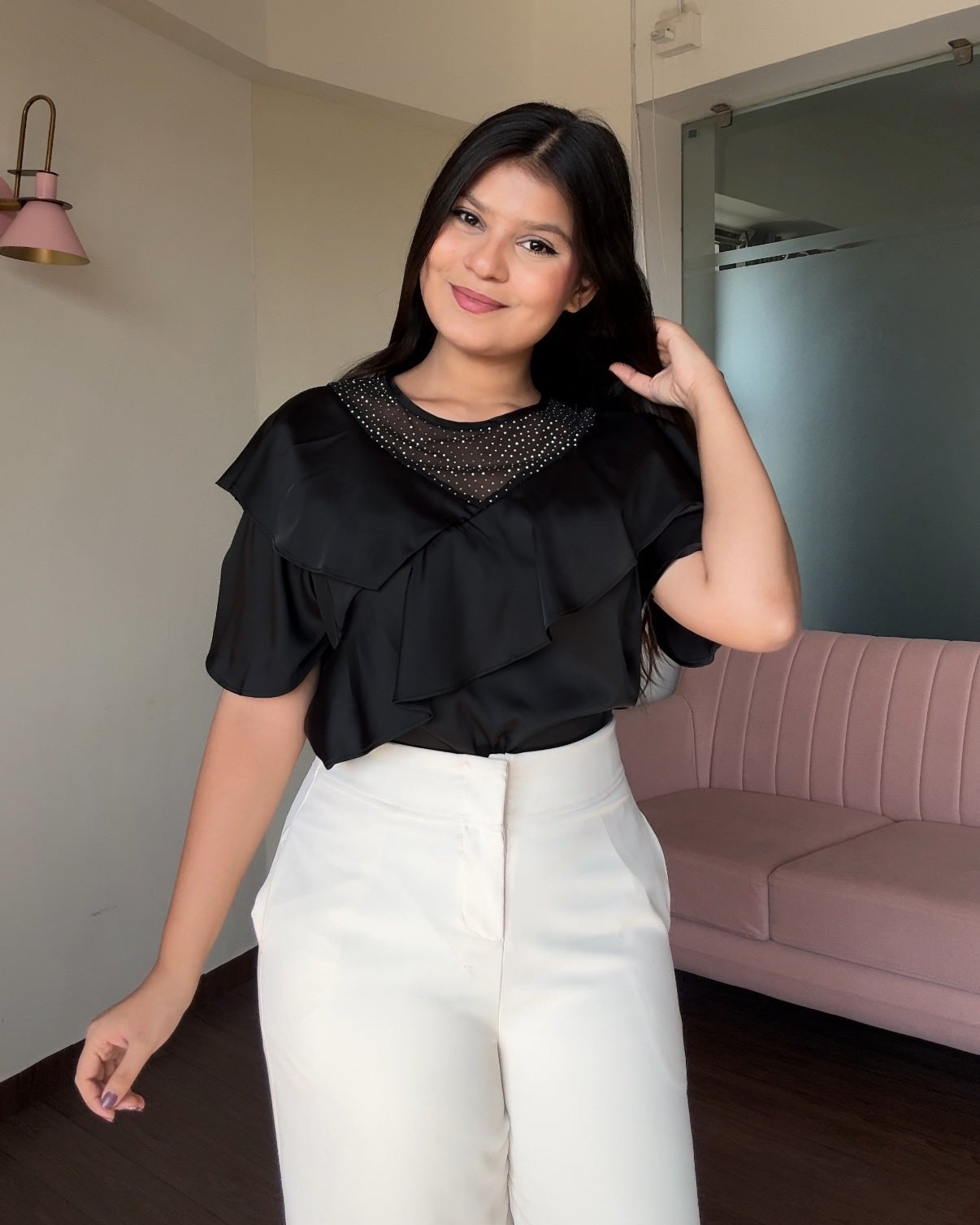 Ruffle Rhinestone Detailing Blouse