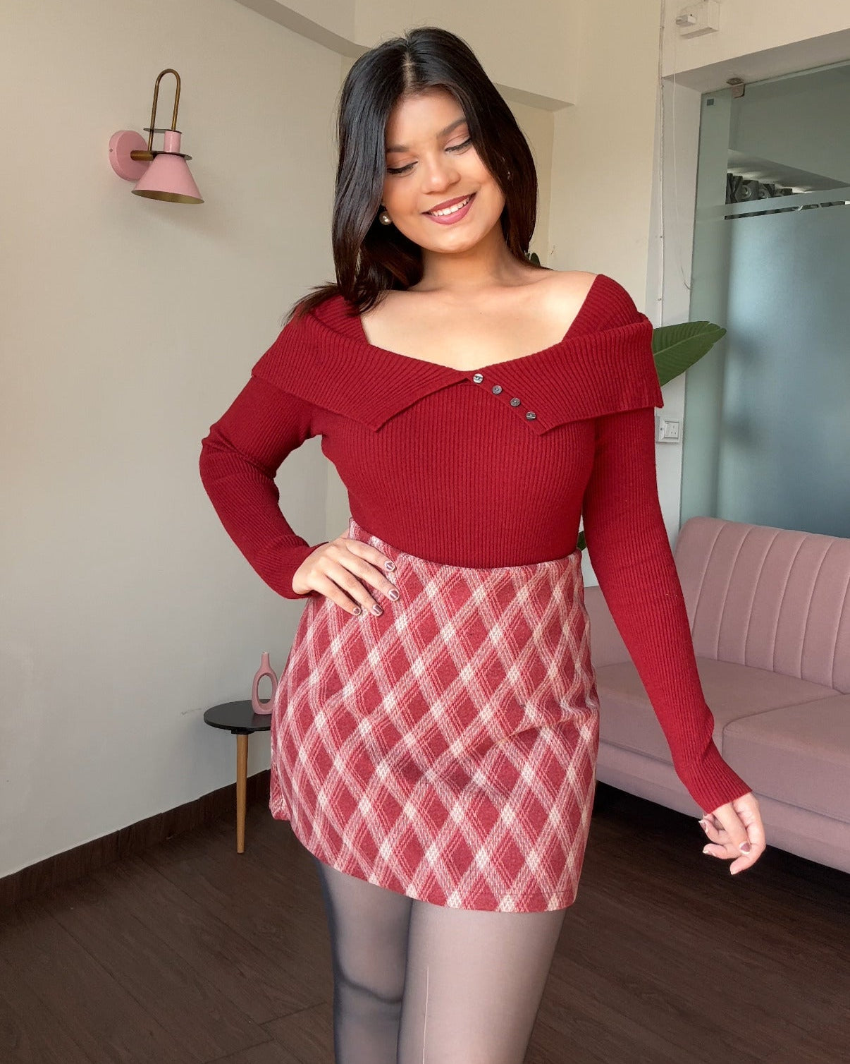 Red Woollen Plaid Mini Skirt & Off Shoulder Top