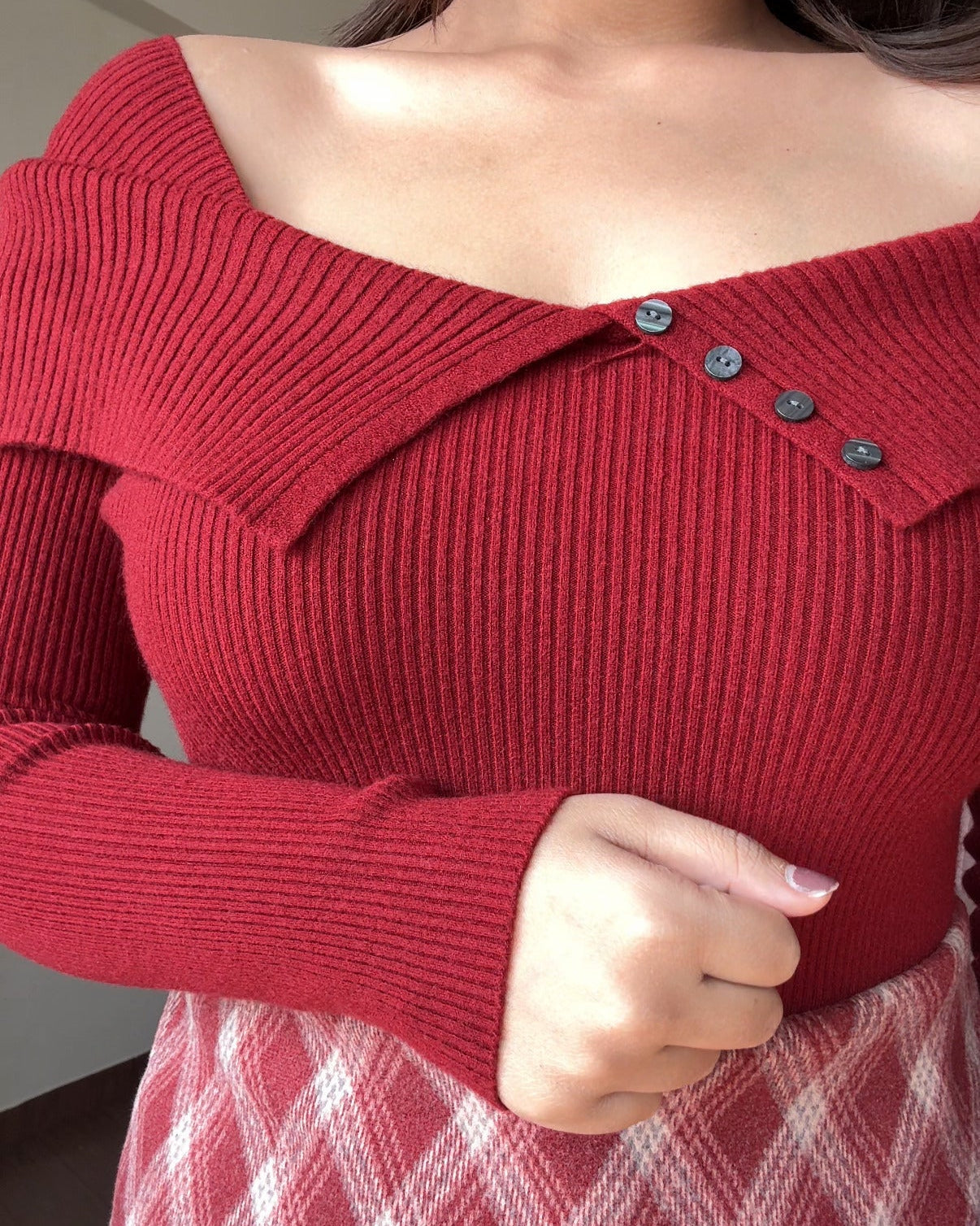 Off-Shoulder Button Detailing Sweater Top