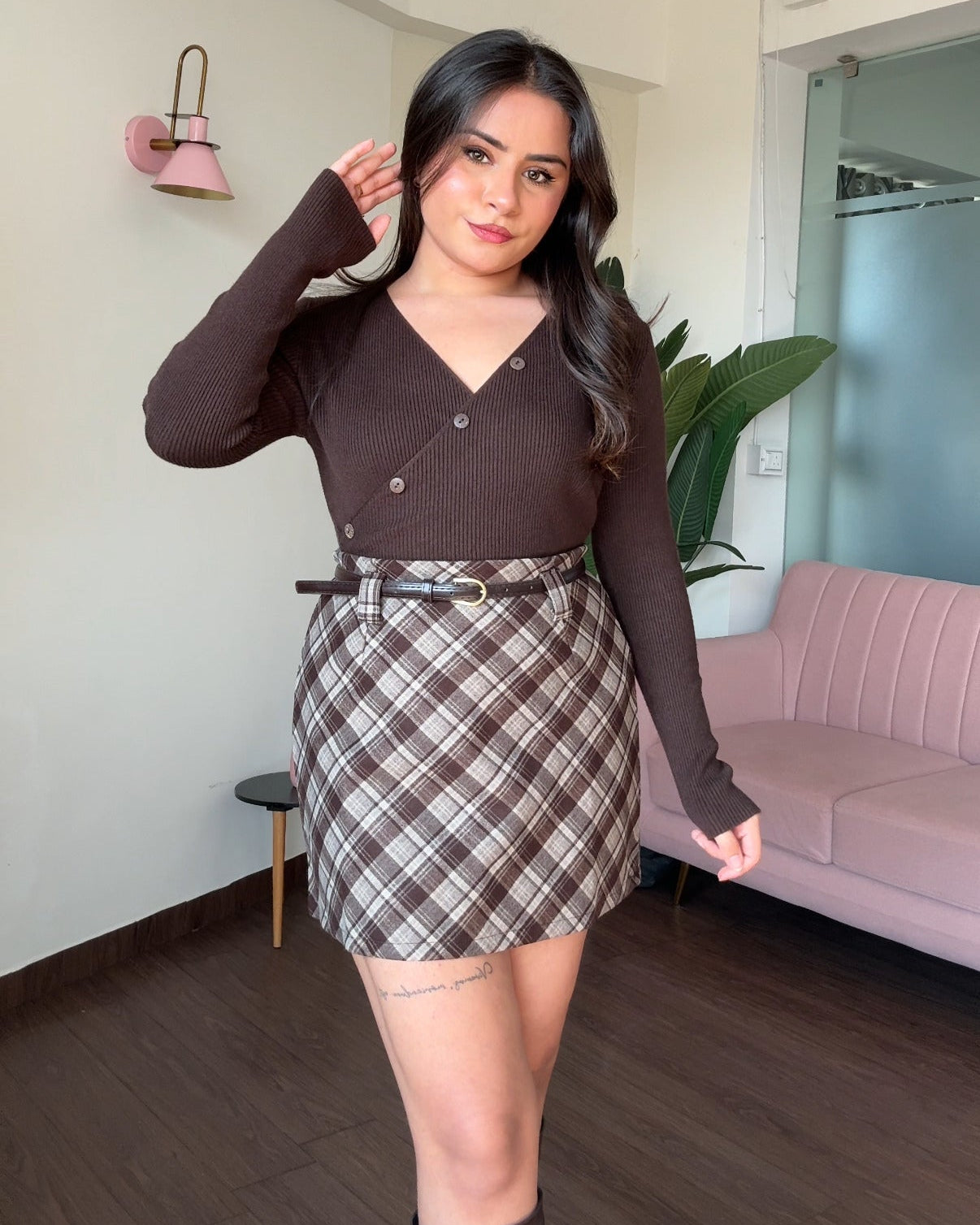 Checker Woollen Mini Skirt With Belt