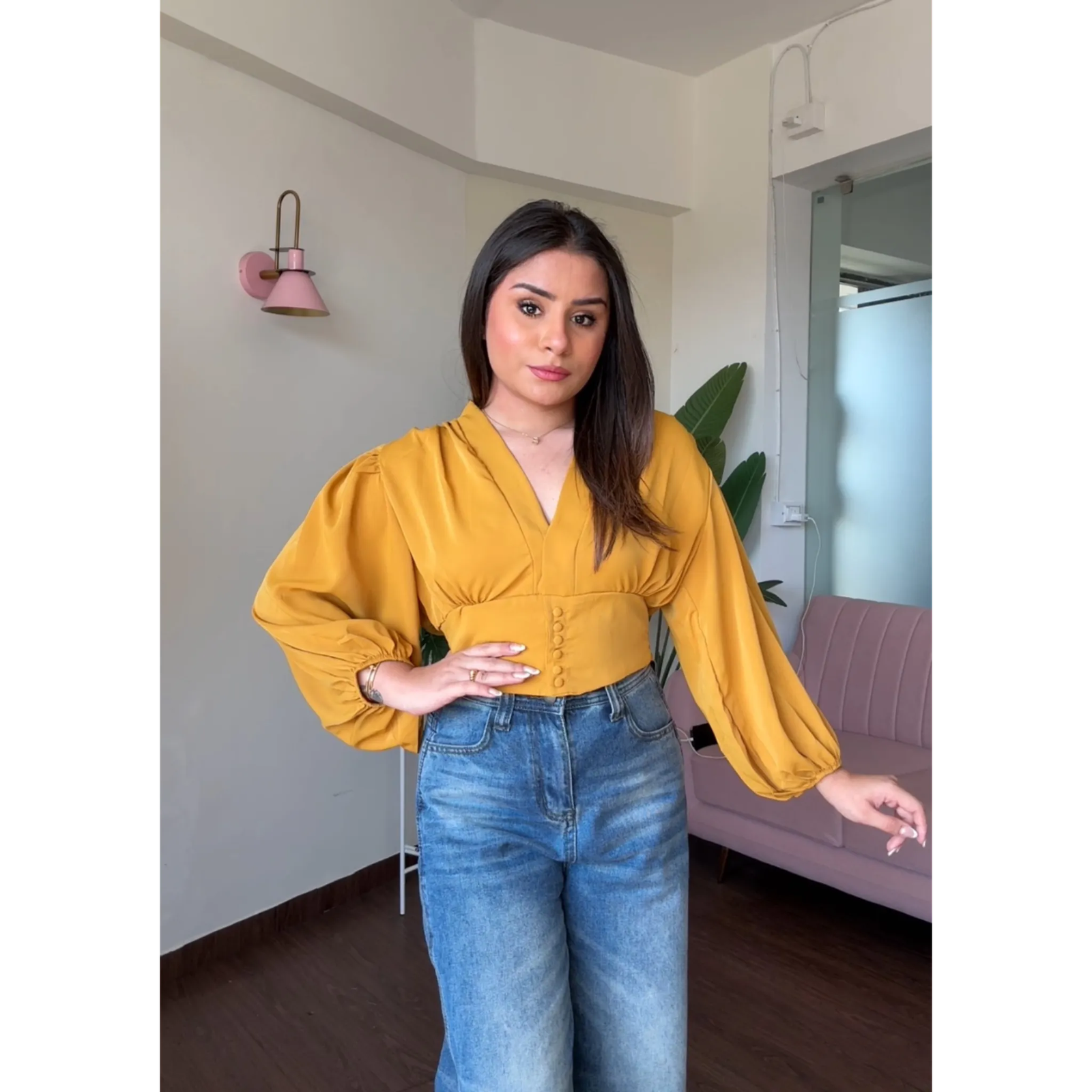 Puff Sleeves Button Waist V Neck Top