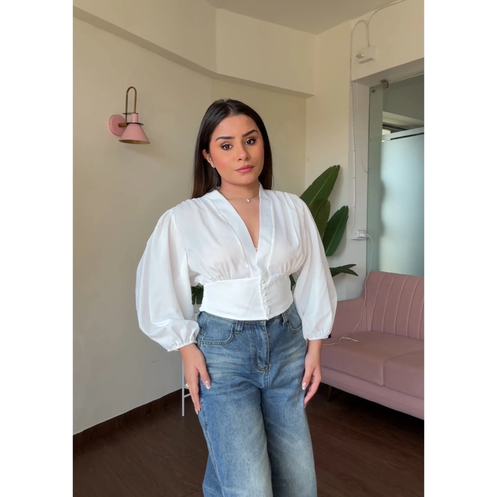 Puff Sleeves Button Waist V Neck Top
