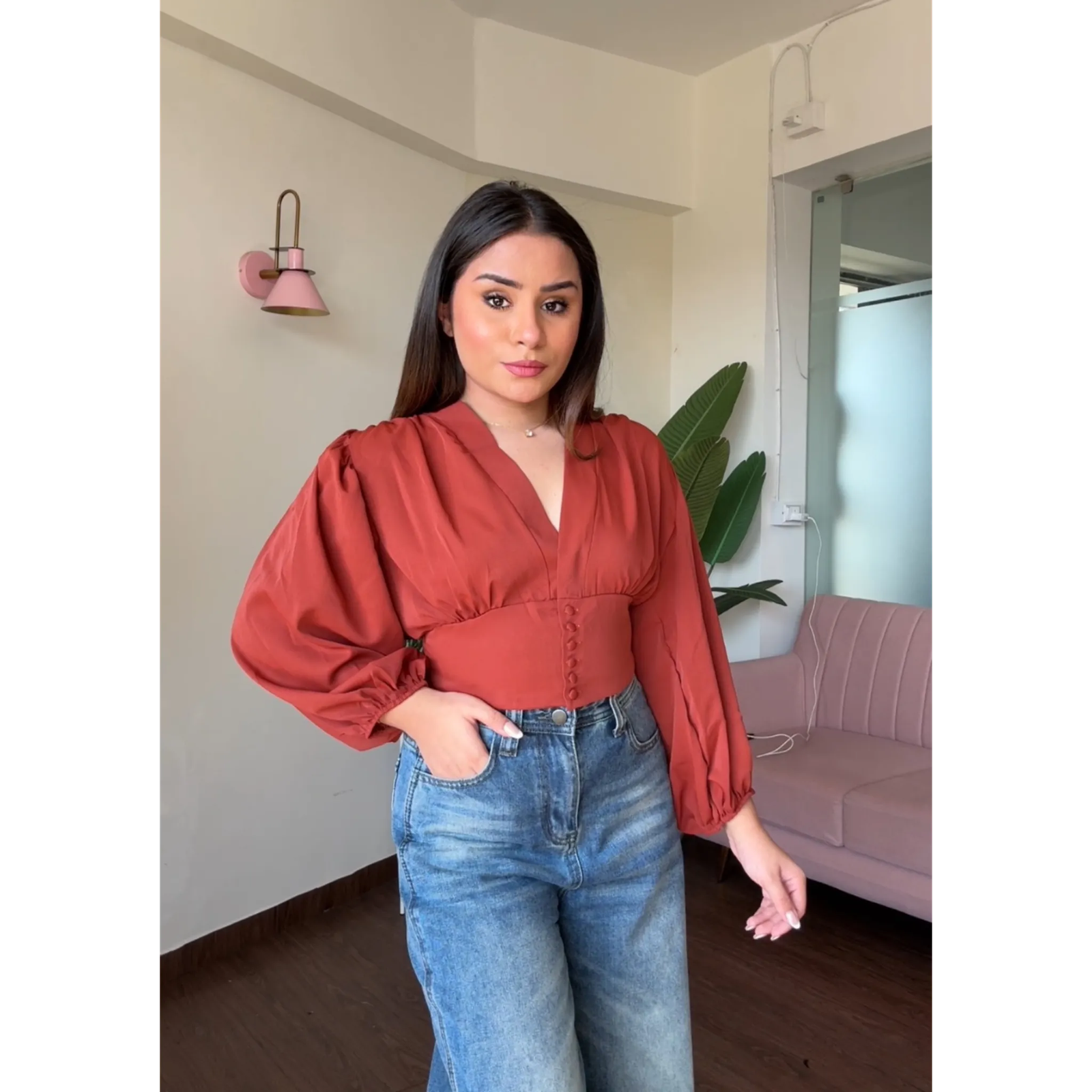 Puff Sleeves Button Waist V Neck Top