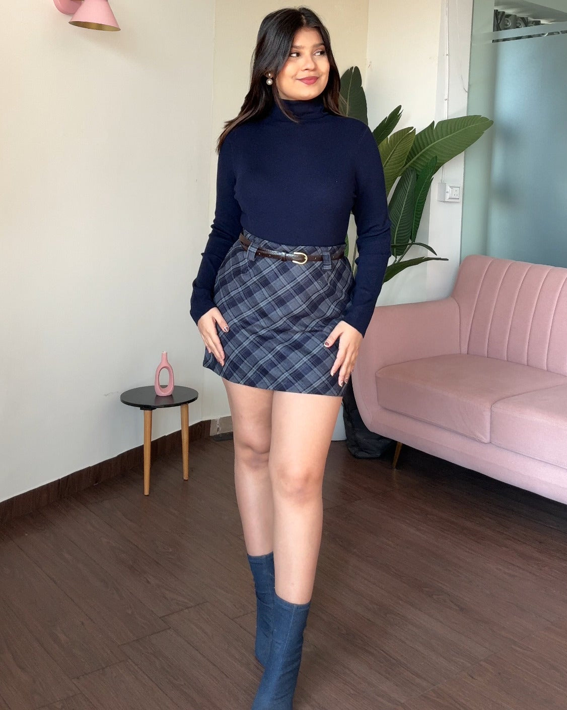 Checker Woollen Mini Skirt With Belt