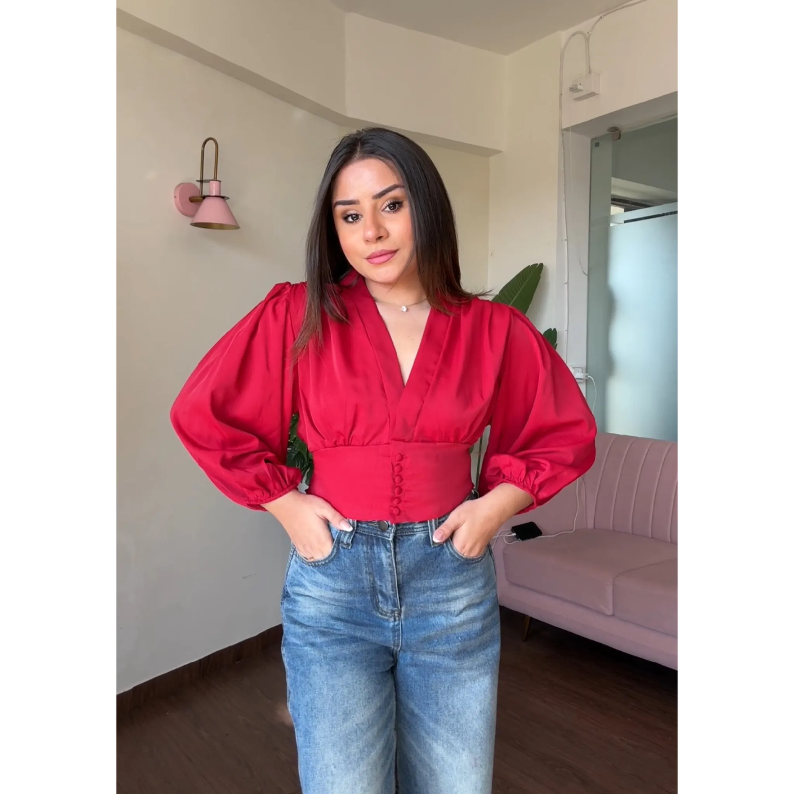 Puff Sleeves Button Waist V Neck Top