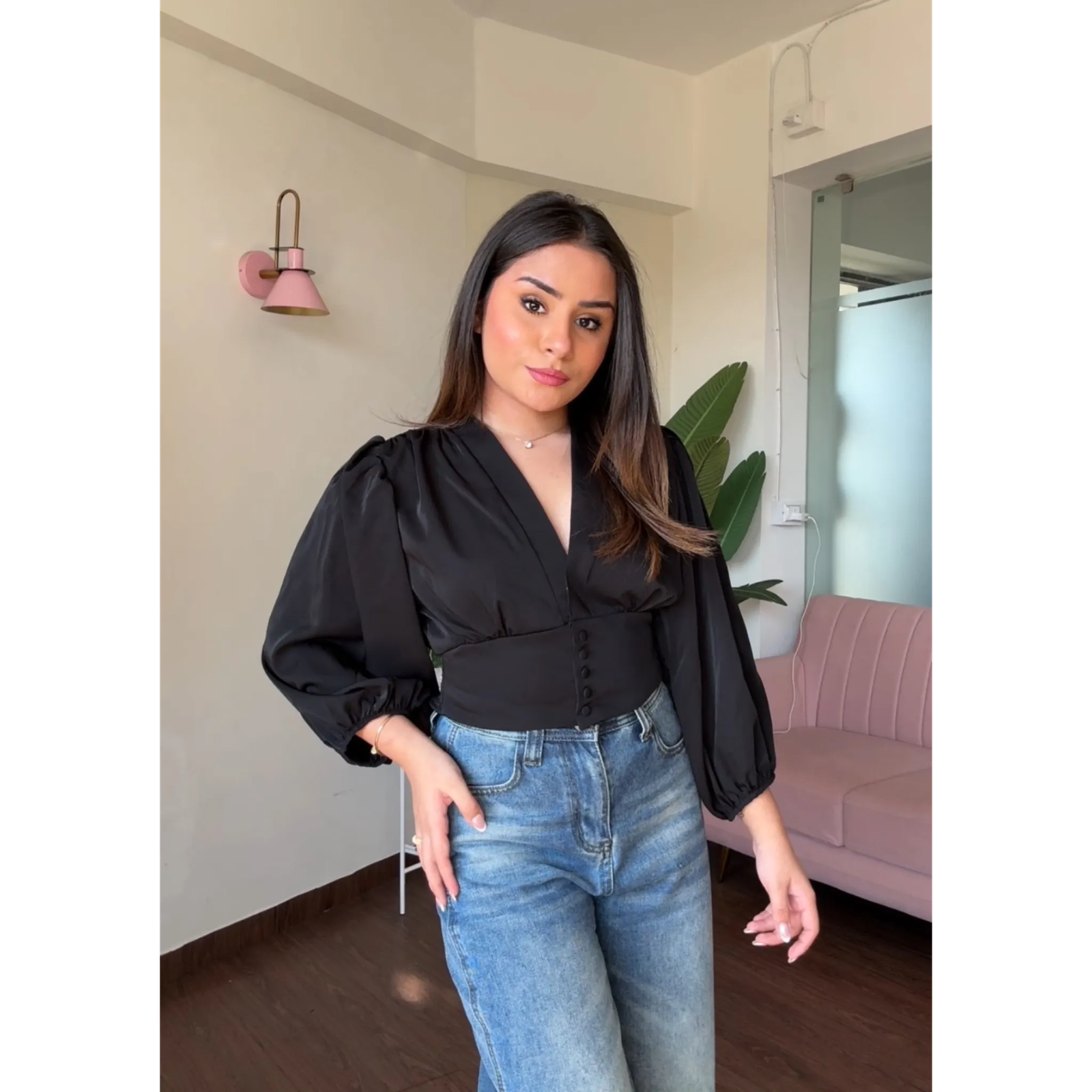 Puff Sleeves Button Waist V Neck Top