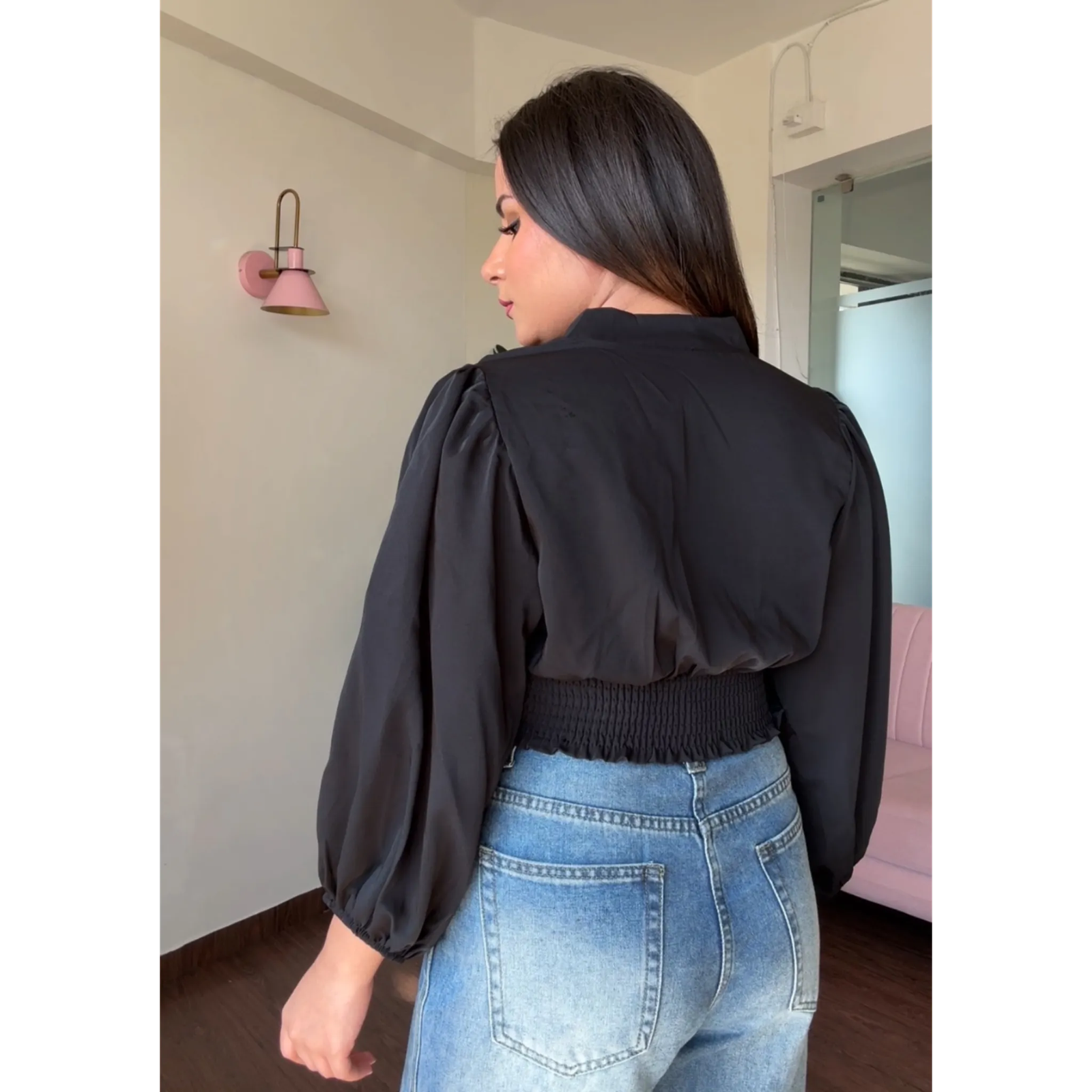 Puff Sleeves Button Waist V Neck Top