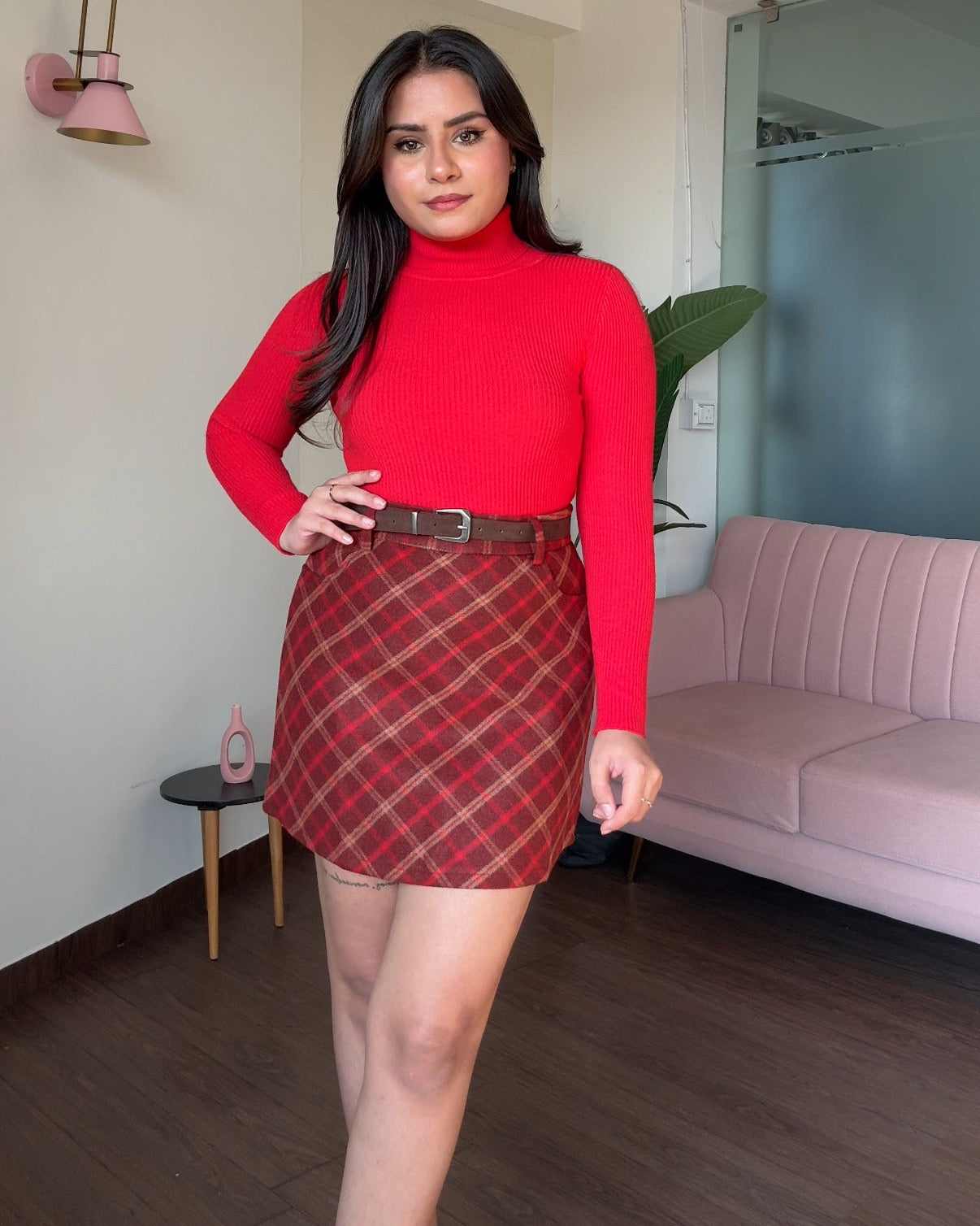 Red Plaid Woollen Mini Skirt & V-Neck fitted Sweater