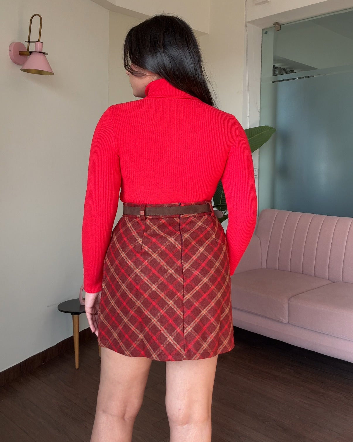 Red Plaid Woollen Mini Skirt & V-Neck fitted Sweater