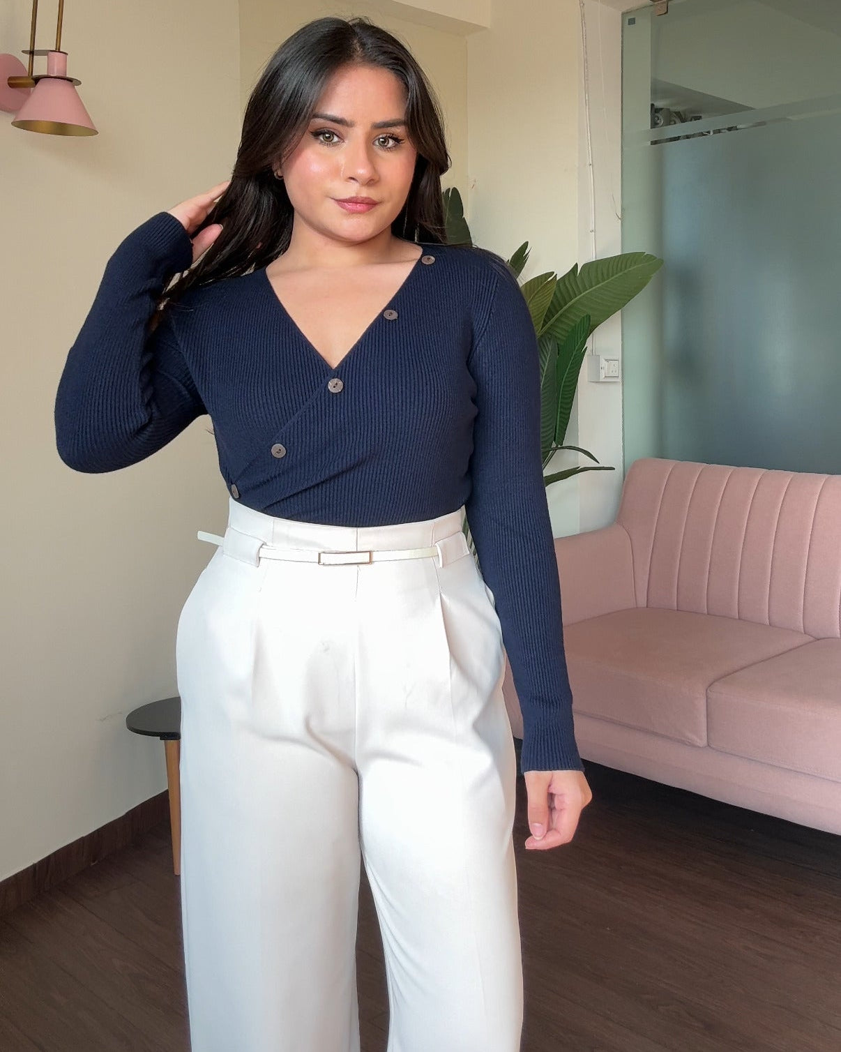 V-Neck Ruched Button Detailing Fitted Sweater Top