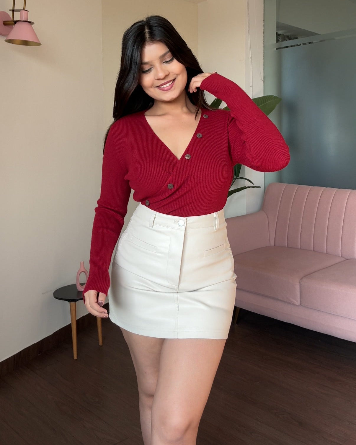 V-Neck Ruched Button Detailing Fitted Sweater Top