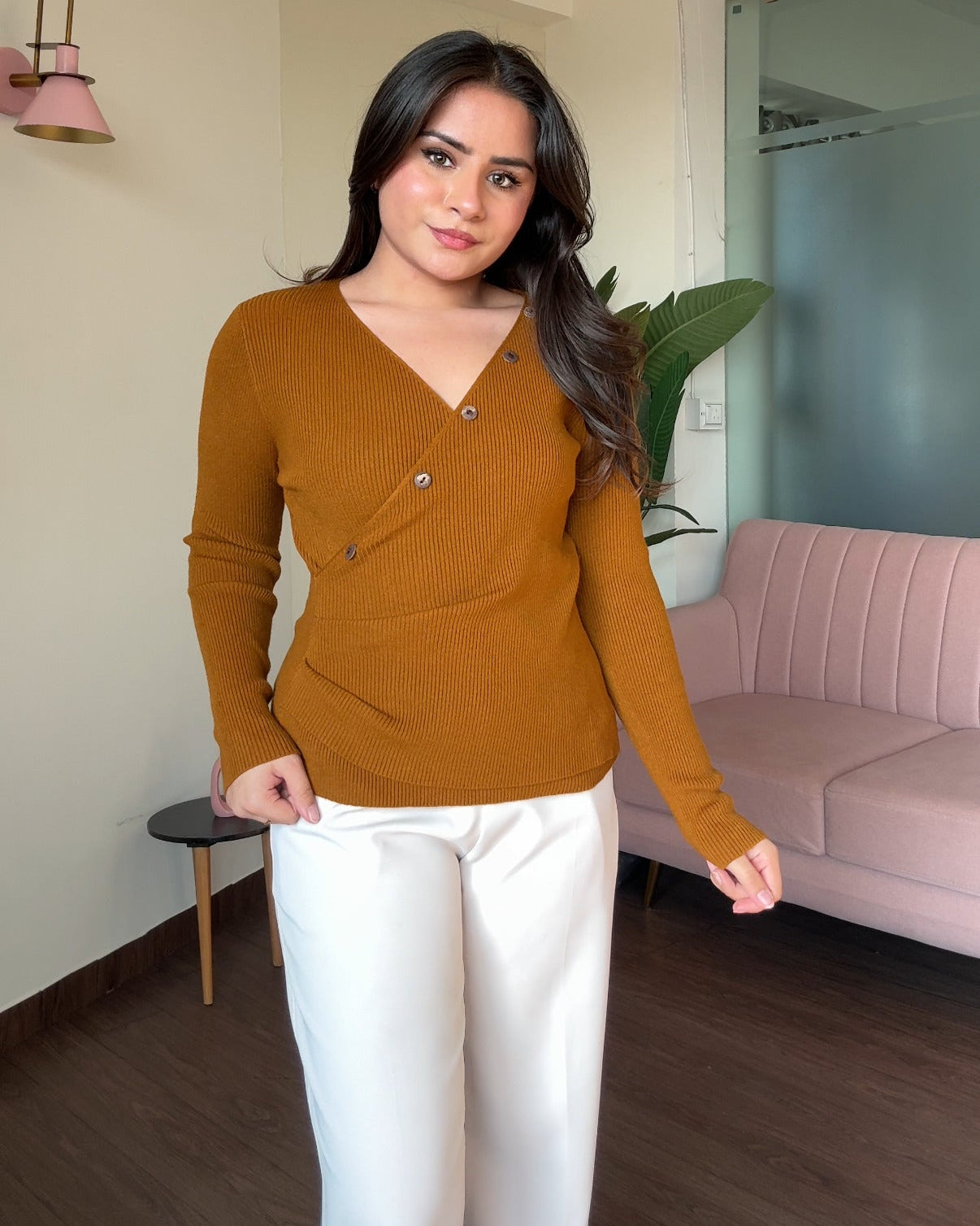 V-Neck Ruched Button Detailing Fitted Sweater Top