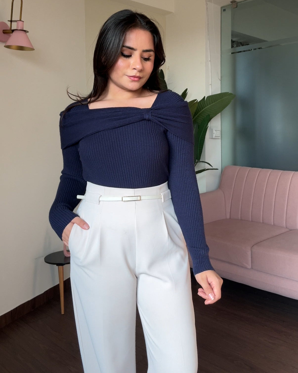 Bow-Detailing Ribbed Knitted Sweater Top