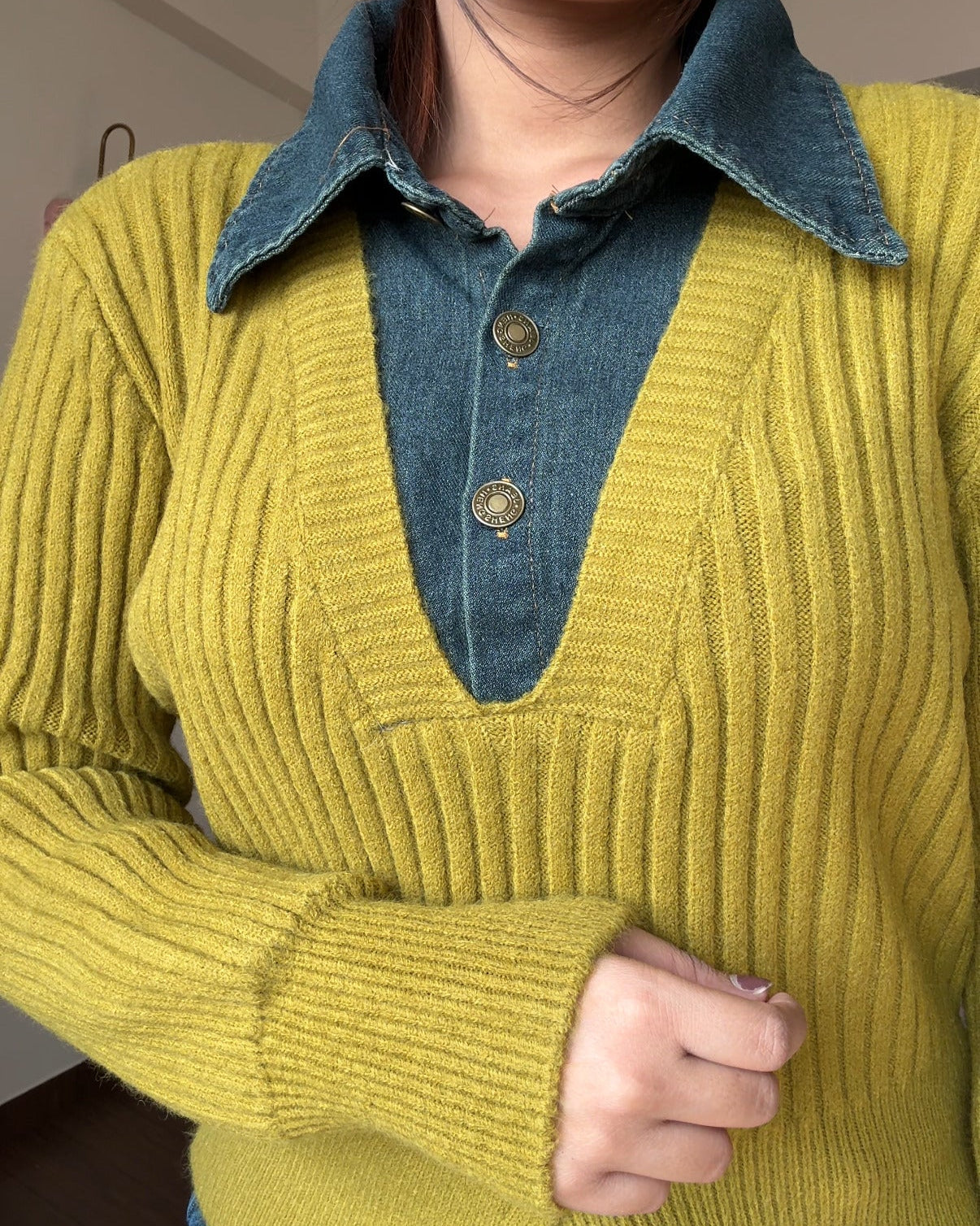 Denim Collar Detailing Knitted Sweater Top
