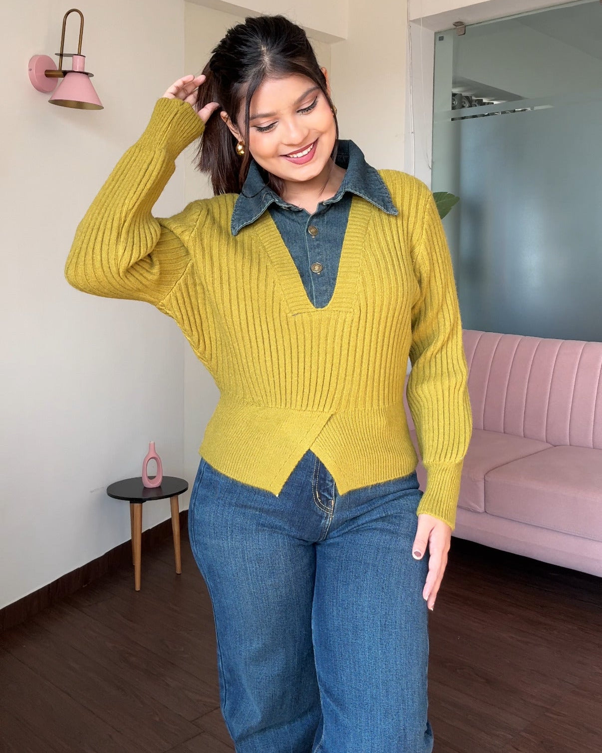 Denim Collar Detailing Knitted Sweater Top