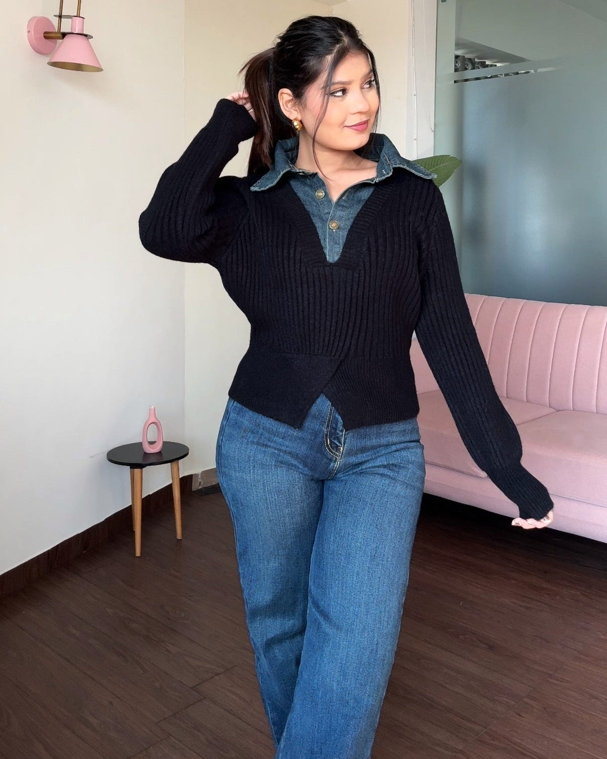 Denim Collar Detailing Knitted Sweater Top