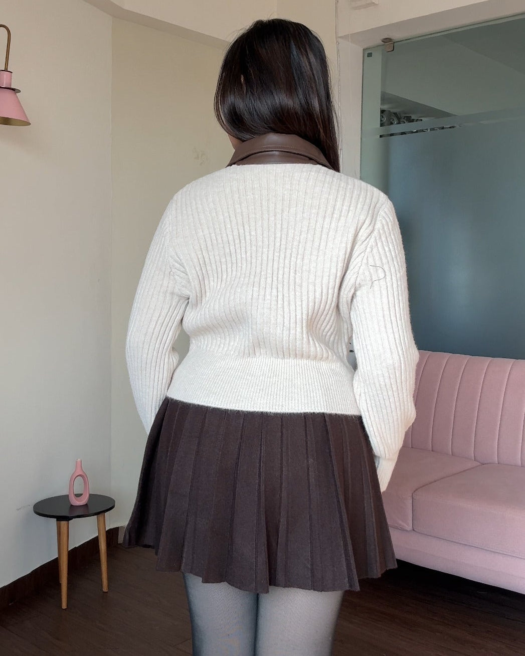 Leather Collar Zip Up Knitted Sweater Top