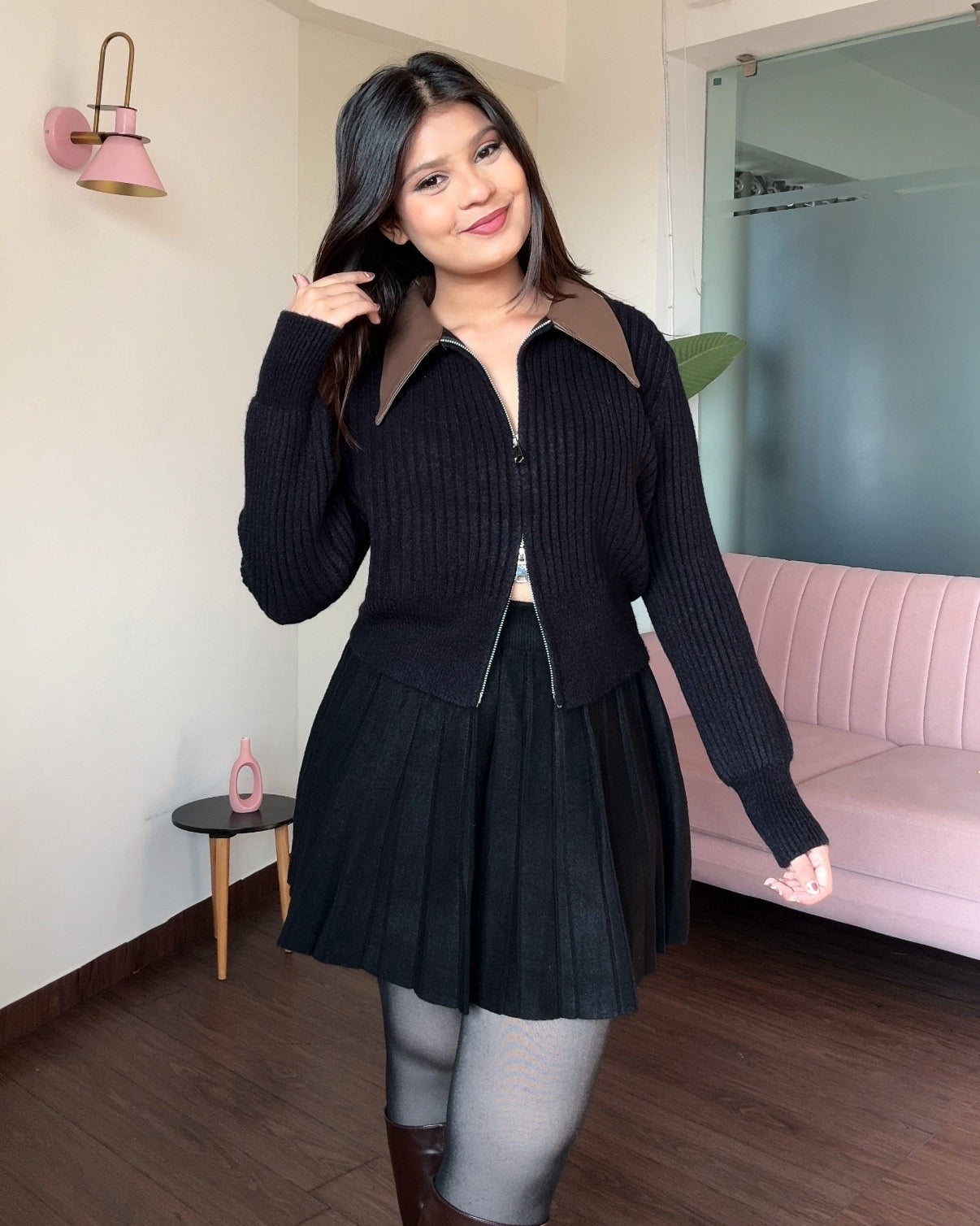 Leather Collar Zip Up Knitted Sweater Top