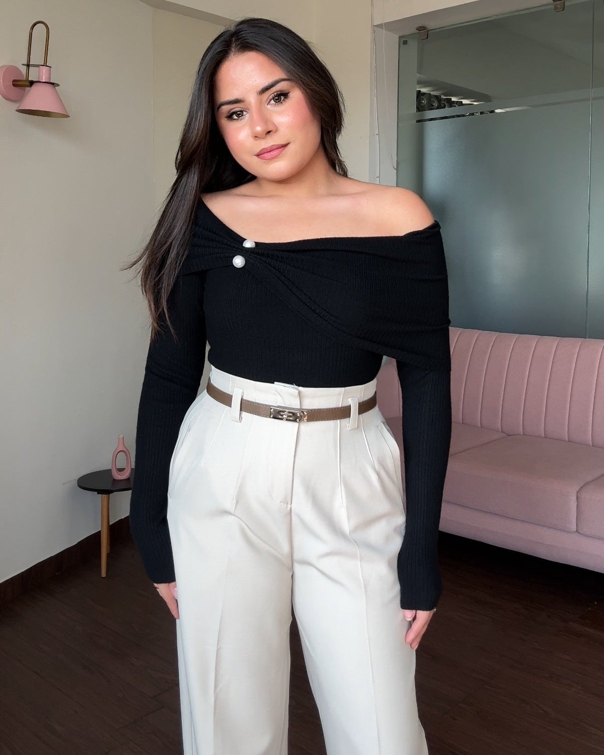 Draped Pearl Detailing Off-Shoulder Sweater Top