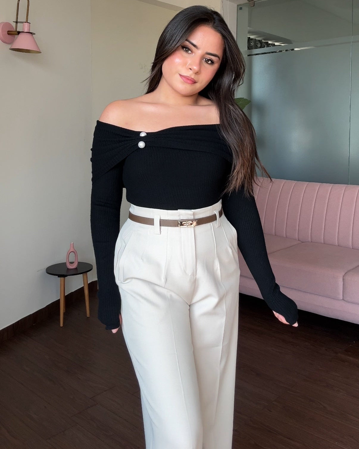 Draped Pearl Detailing Off-Shoulder Sweater Top