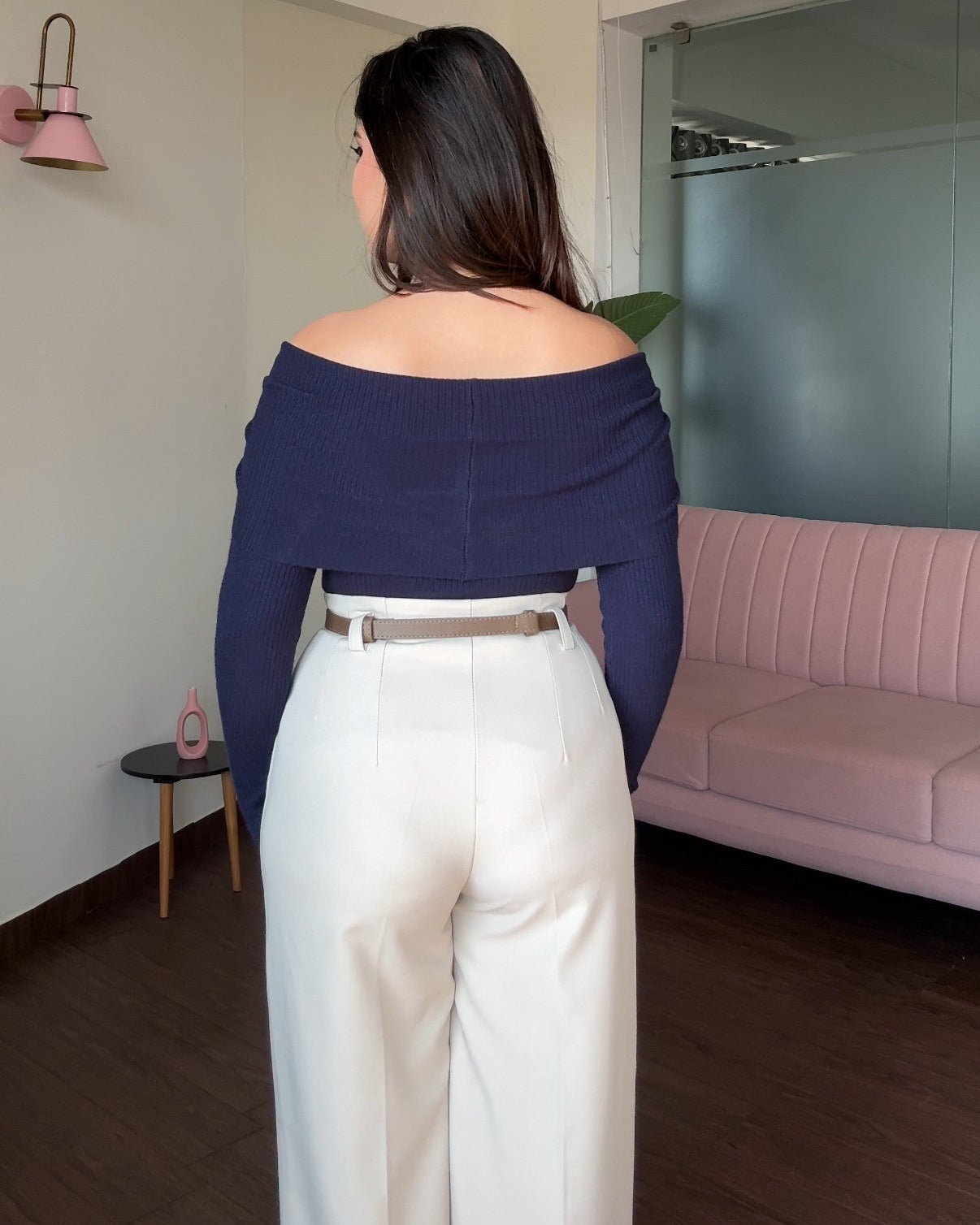 Draped Pearl Detailing Off-Shoulder Sweater Top