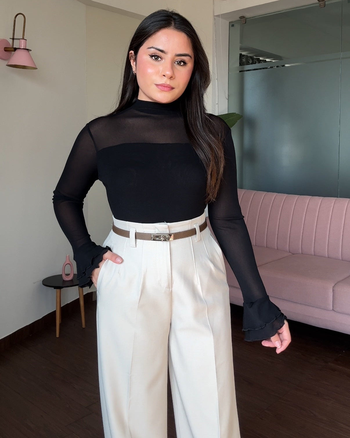 High Neck Mesh Detailing Bell Sleeves Fitted Top