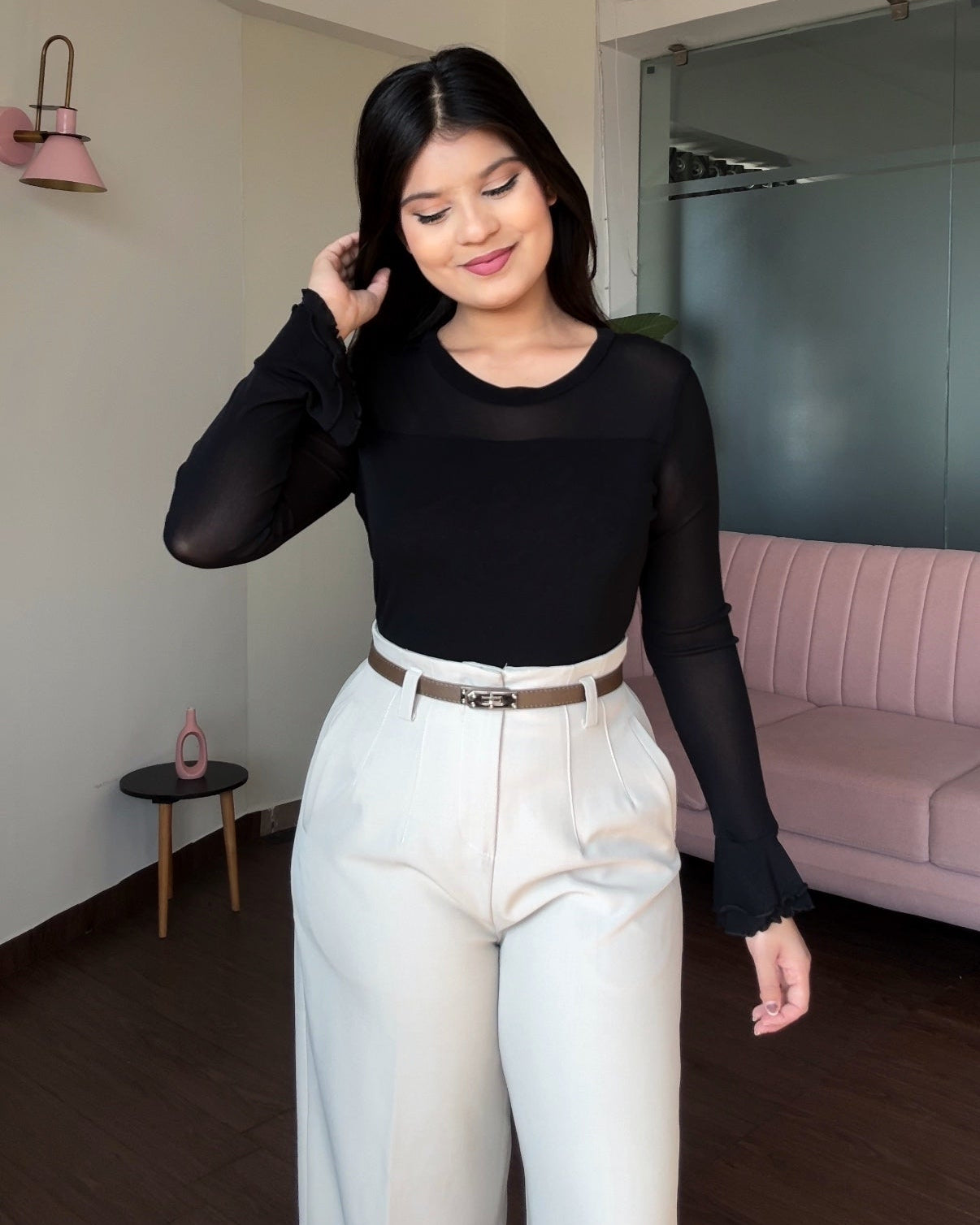 Round Neck Mesh Detailing Bell Sleeve Fitted Top