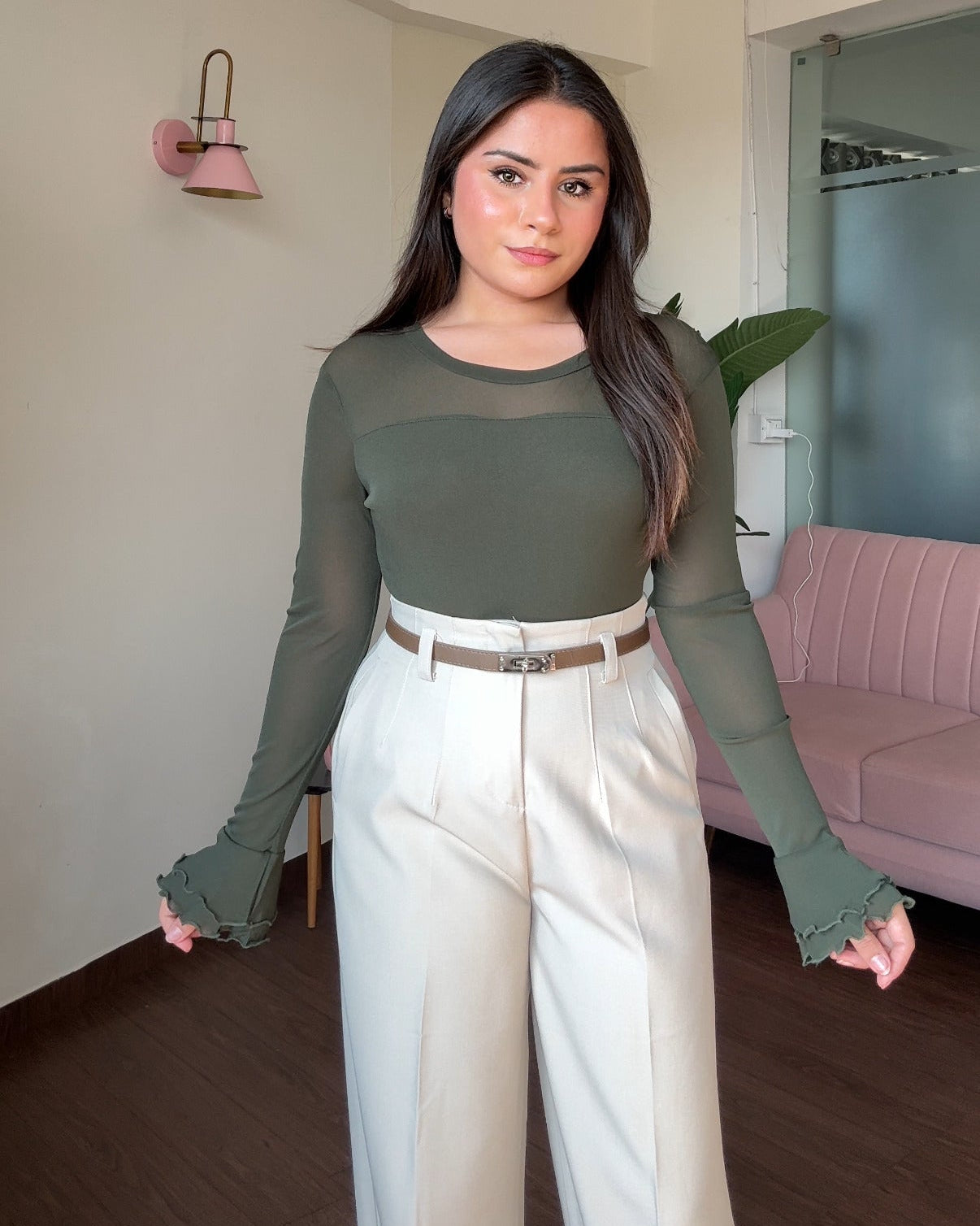 Round Neck Mesh Detailing Bell Sleeve Fitted Top