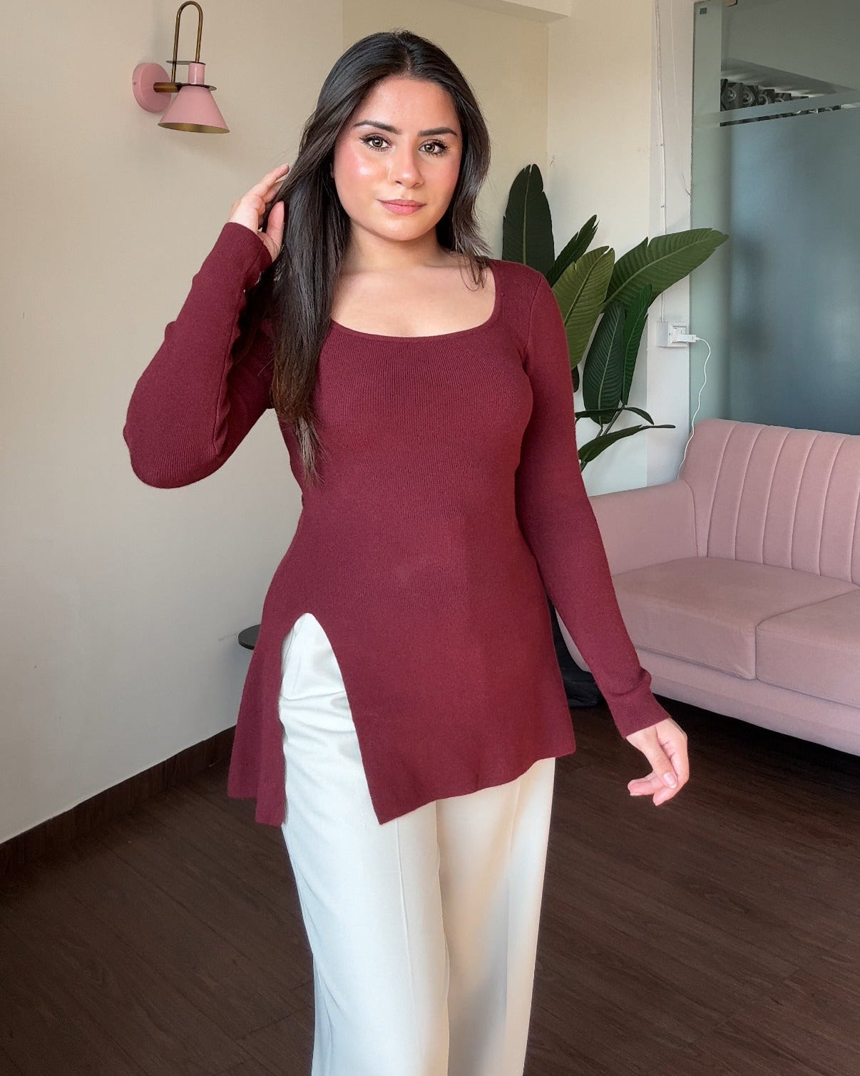 Round Neck Knitted Top With Slit