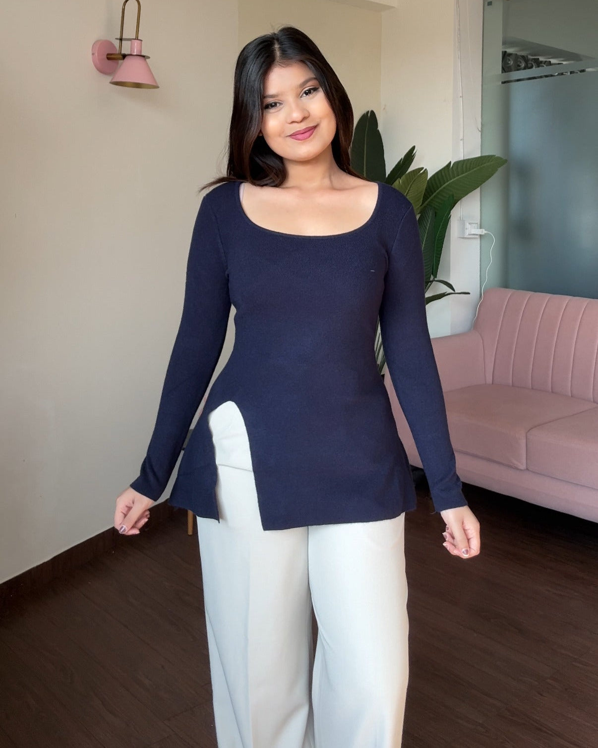 Round Neck Knitted Top With Slit